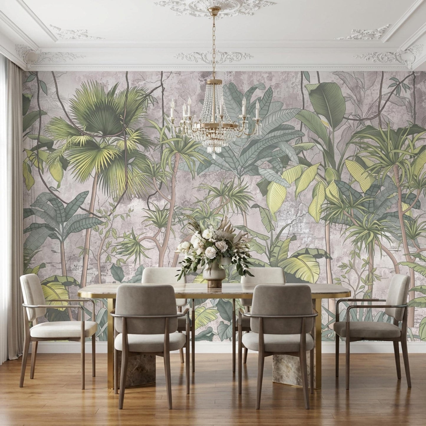Muted Green Vintage Botanical Jungle Mural, Tropical Palm Leaf Accent Wall (Peel and Stick)-WP0032