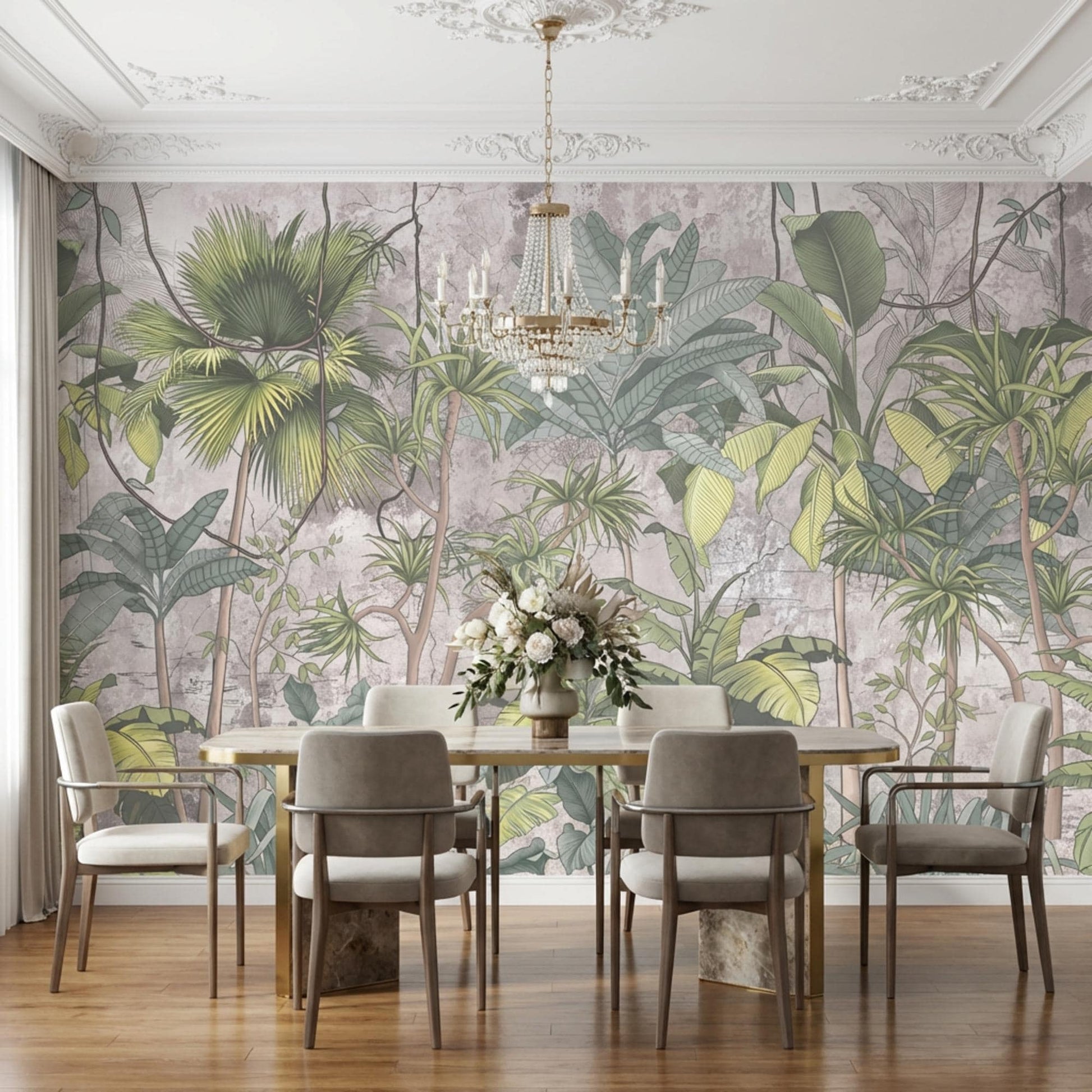 Muted Green Vintage Botanical Jungle Mural, Tropical Palm Leaf Accent Wall (Peel and Stick)-WP0032