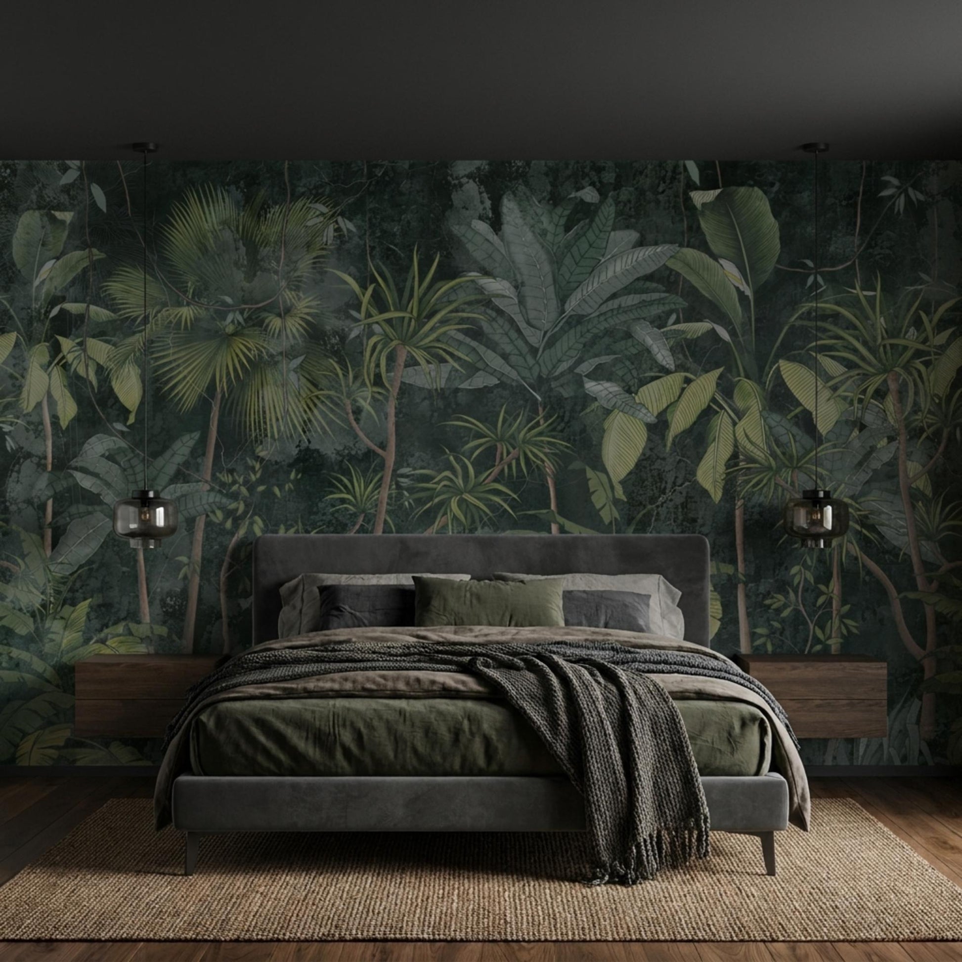 Dark Green Tropical Jungle Wallpaper Mural, Vintage Botanical Wall Art (Peel and Stick)-WP0033