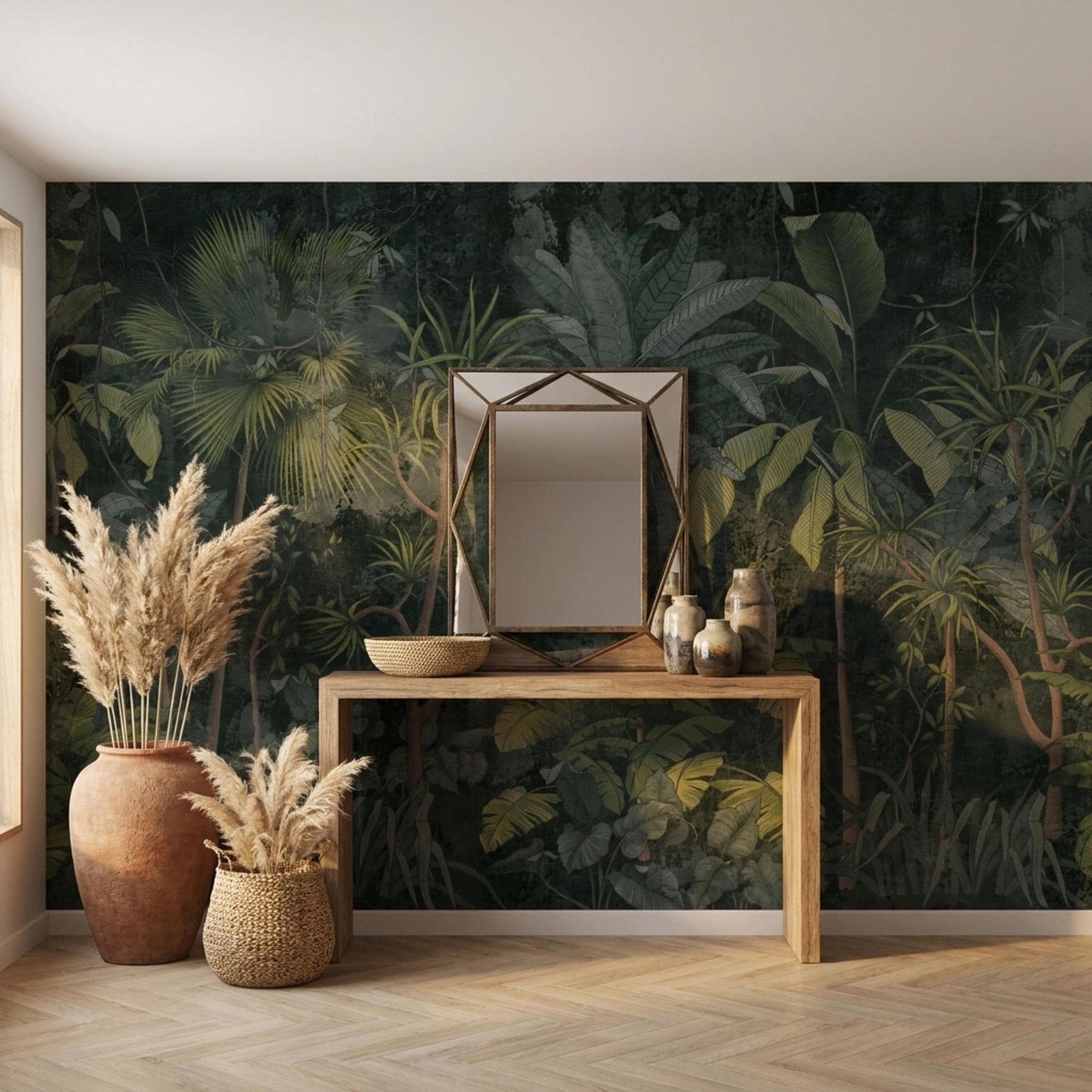 Dark Green Tropical Jungle Wallpaper Mural, Vintage Botanical Wall Art (Peel and Stick)-WP0033