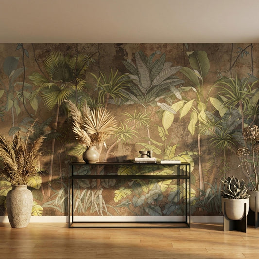 Earthy Brown Jungle Wallpaper Mural, Vintage Botanical Wall Decor, Moody Tropical Leaf Wallpaper, Antique Style Peel and Stick -WP0034