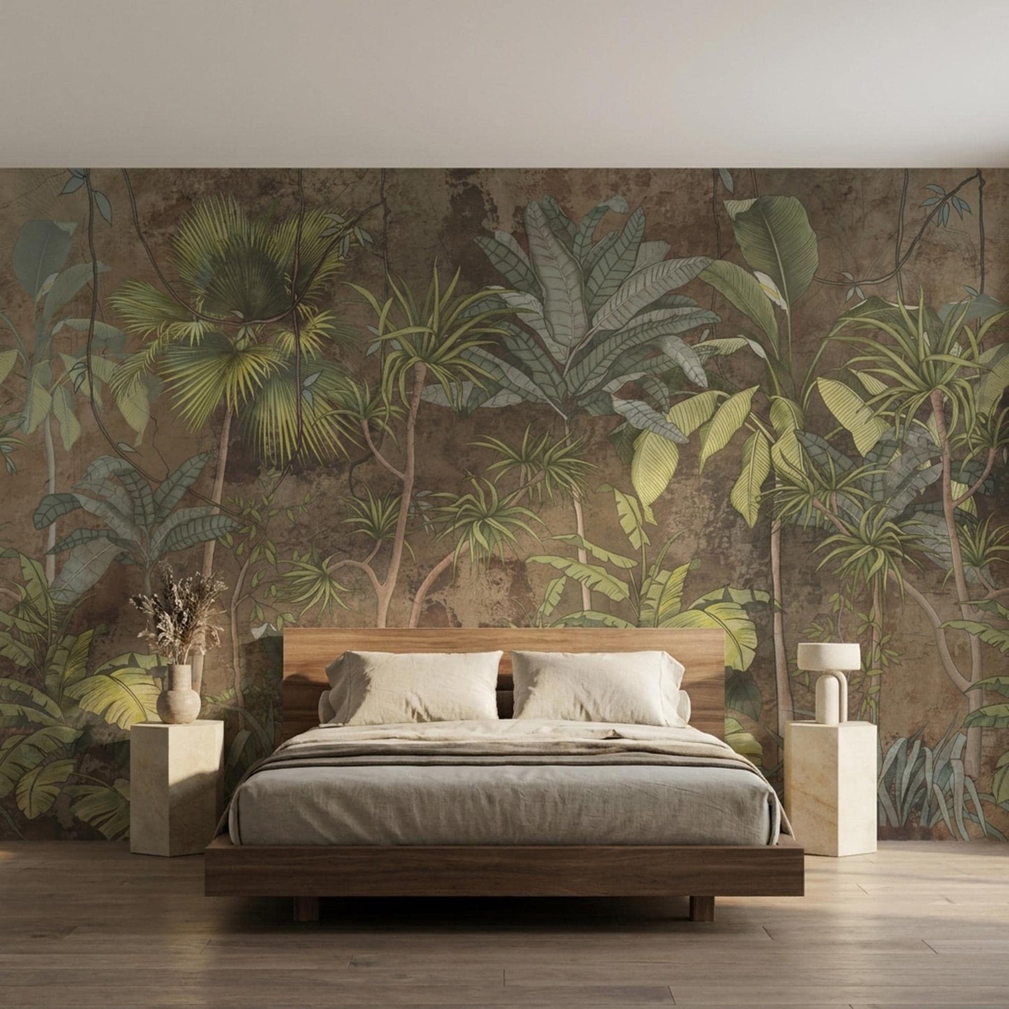 Earthy Brown Jungle Wallpaper Mural, Vintage Botanical Wall Decor, Moody Tropical Leaf Wallpaper, Antique Style Peel and Stick -WP0034