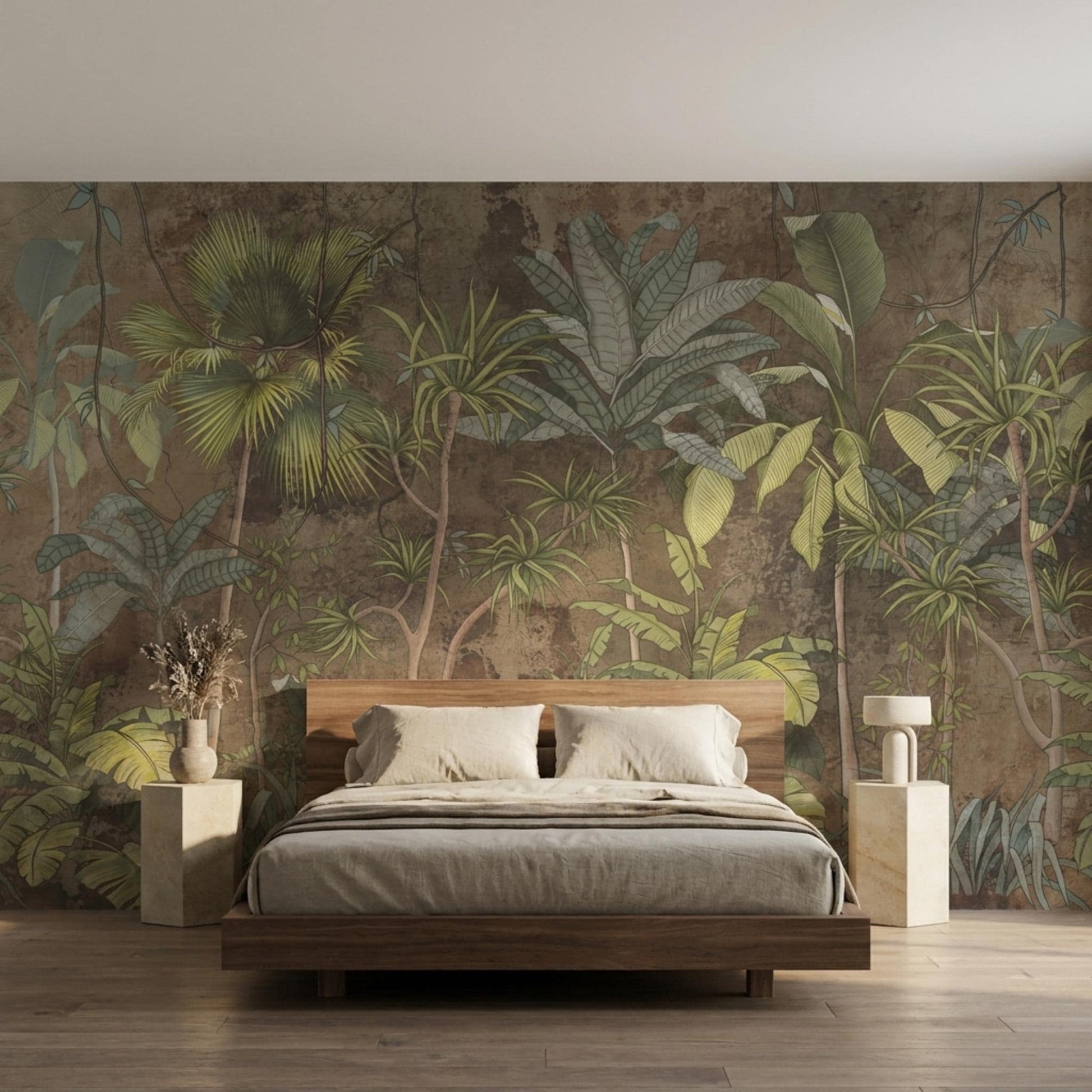 Earthy Brown Jungle Wallpaper Mural, Vintage Botanical Wall Decor, Moody Tropical Leaf Wallpaper, Antique Style Peel and Stick -WP0034