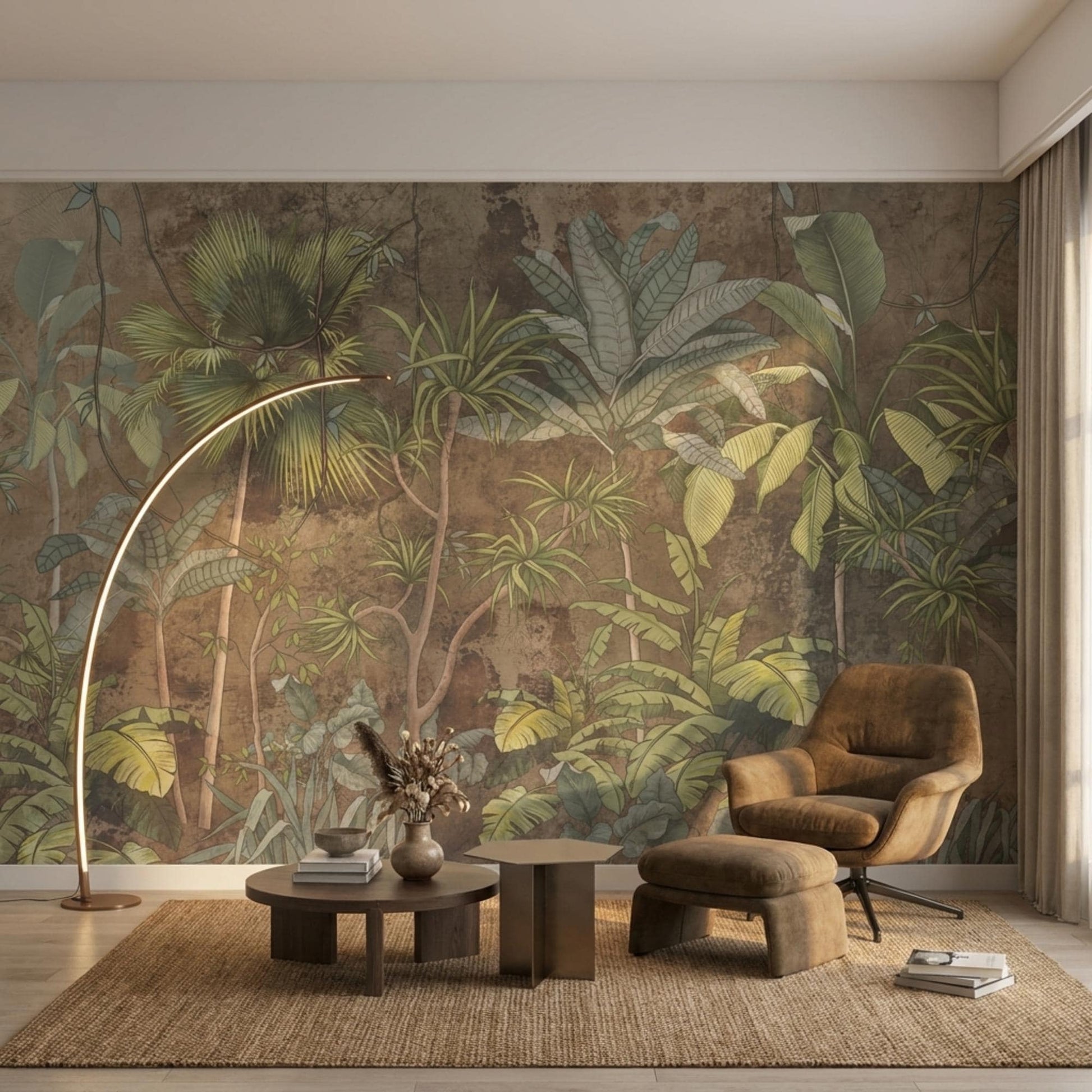 Earthy Brown Jungle Wallpaper Mural, Vintage Botanical Wall Decor, Moody Tropical Leaf Wallpaper, Antique Style Peel and Stick -WP0034