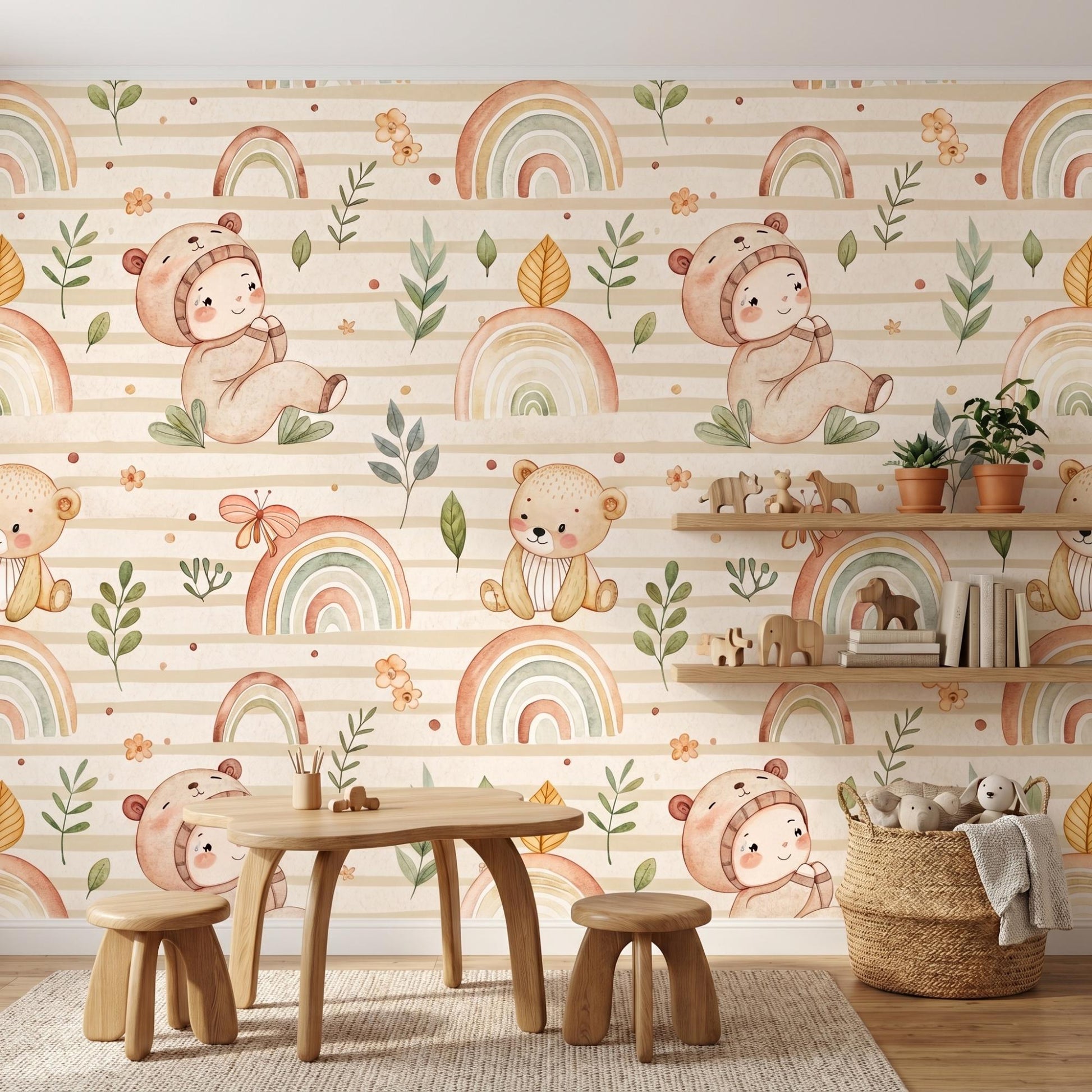 Boho Teddy Bear Rainbow Nursery Wallpaper, Watercolor Baby Room Mural-WP0035