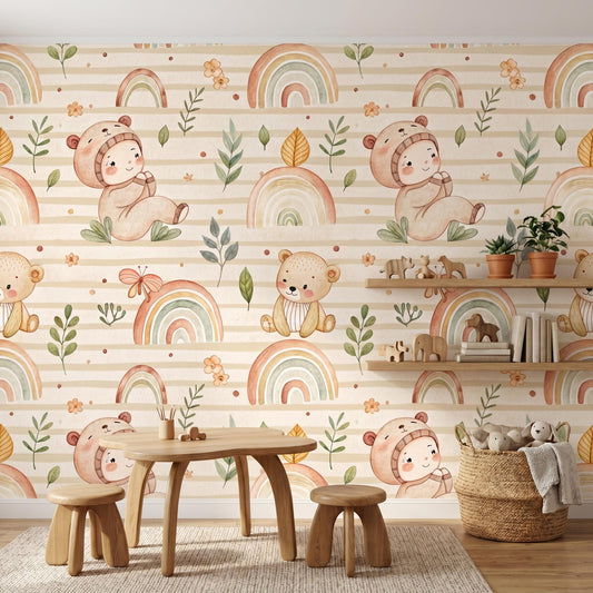 Boho Teddy Bear Rainbow Nursery Wallpaper, Watercolor Baby Room Mural-WP0035