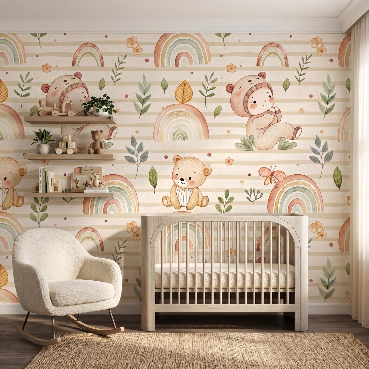Boho Teddy Bear Rainbow Nursery Wallpaper, Watercolor Baby Room Mural-WP0035
