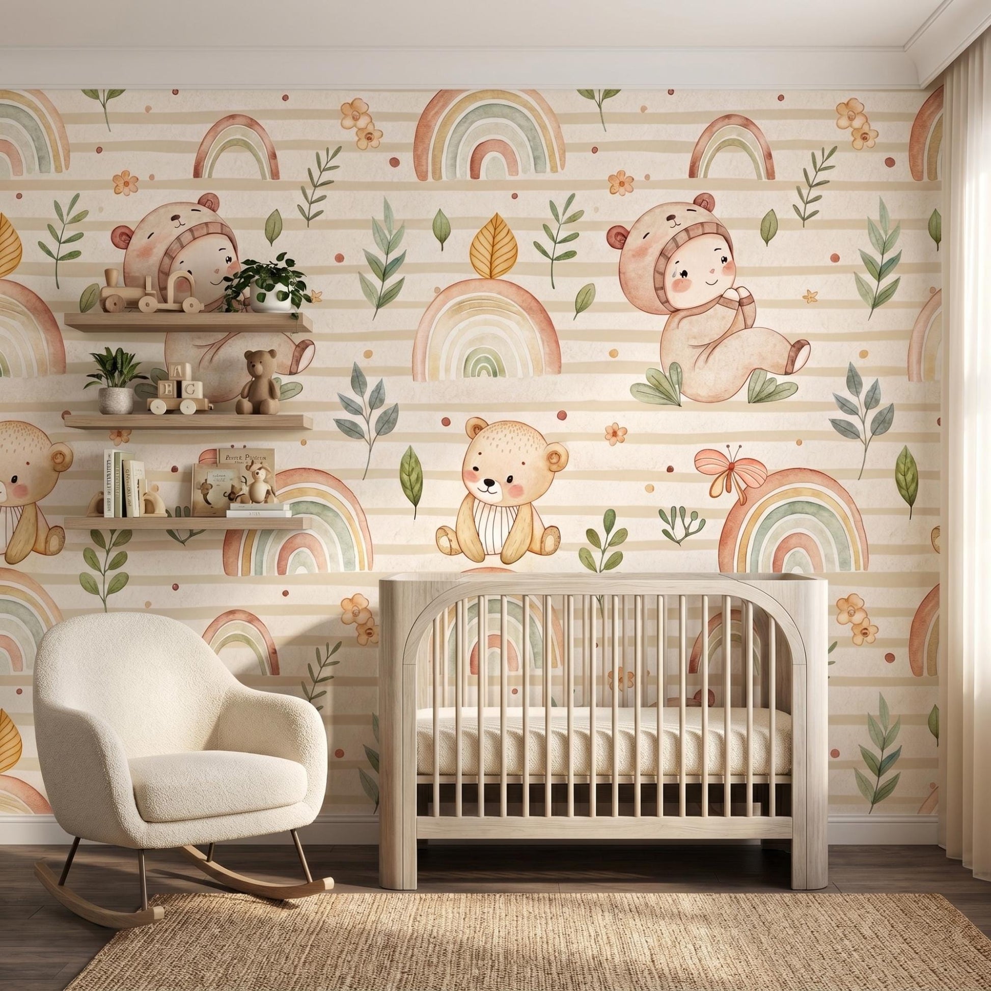 Boho Teddy Bear Rainbow Nursery Wallpaper, Watercolor Baby Room Mural-WP0035