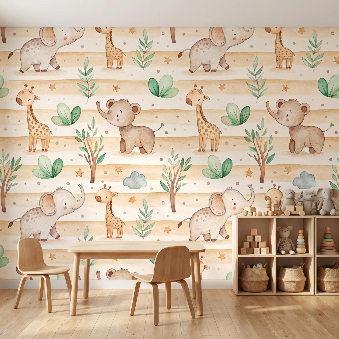 Watercolor Safari Nursery Wallpaper, Elephant Giraffe Boho Animal Mural, Neutral Baby Room Art-WP0036
