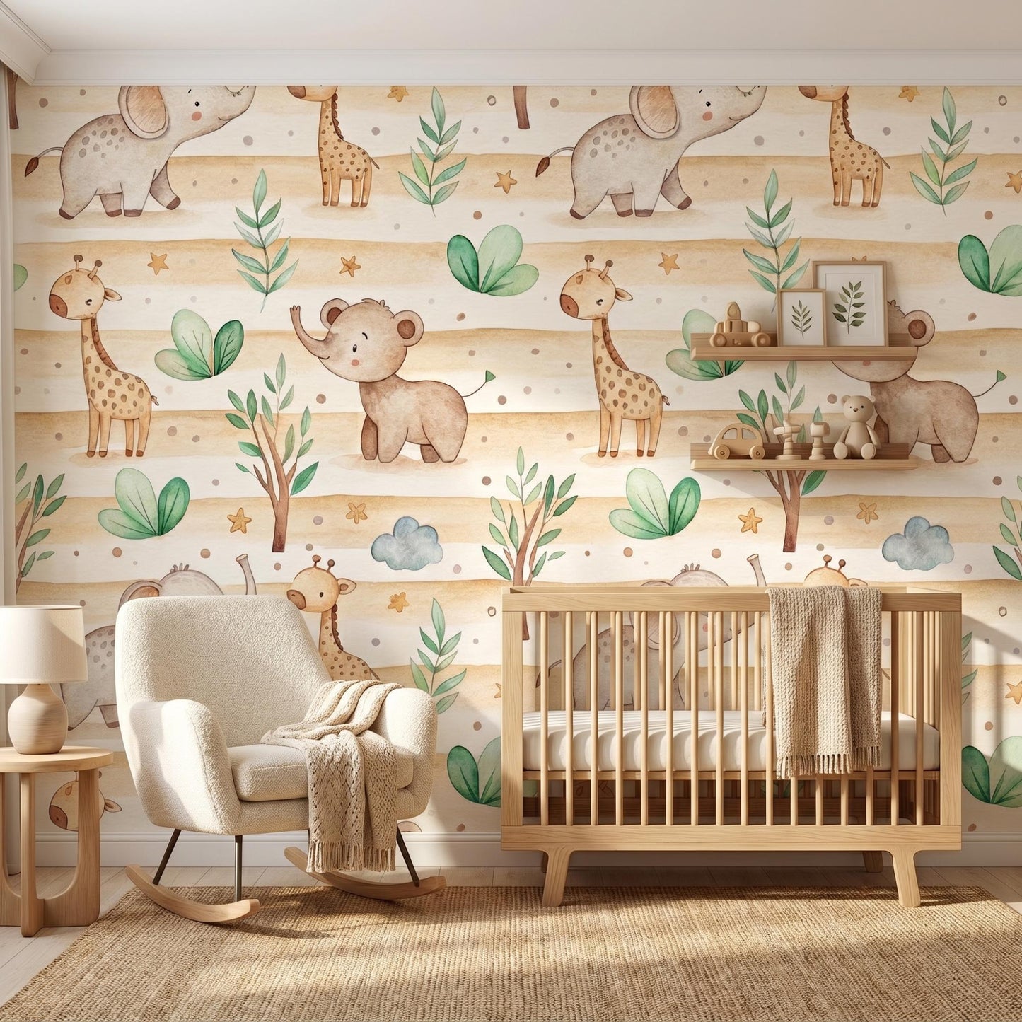 Watercolor Safari Nursery Wallpaper, Elephant Giraffe Boho Animal Mural, Neutral Baby Room Art-WP0036
