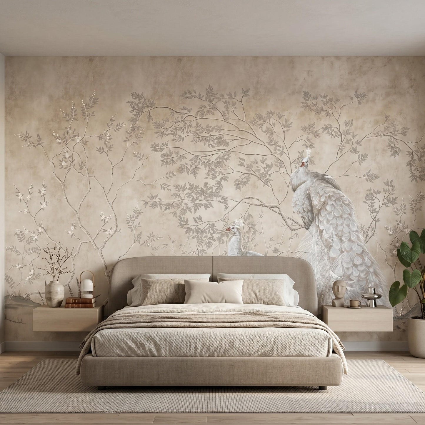 Beige Chinoiserie Peacock Mural, Floral Peel and Stick Wallpaper, Vintage French Country Decor-WP0037