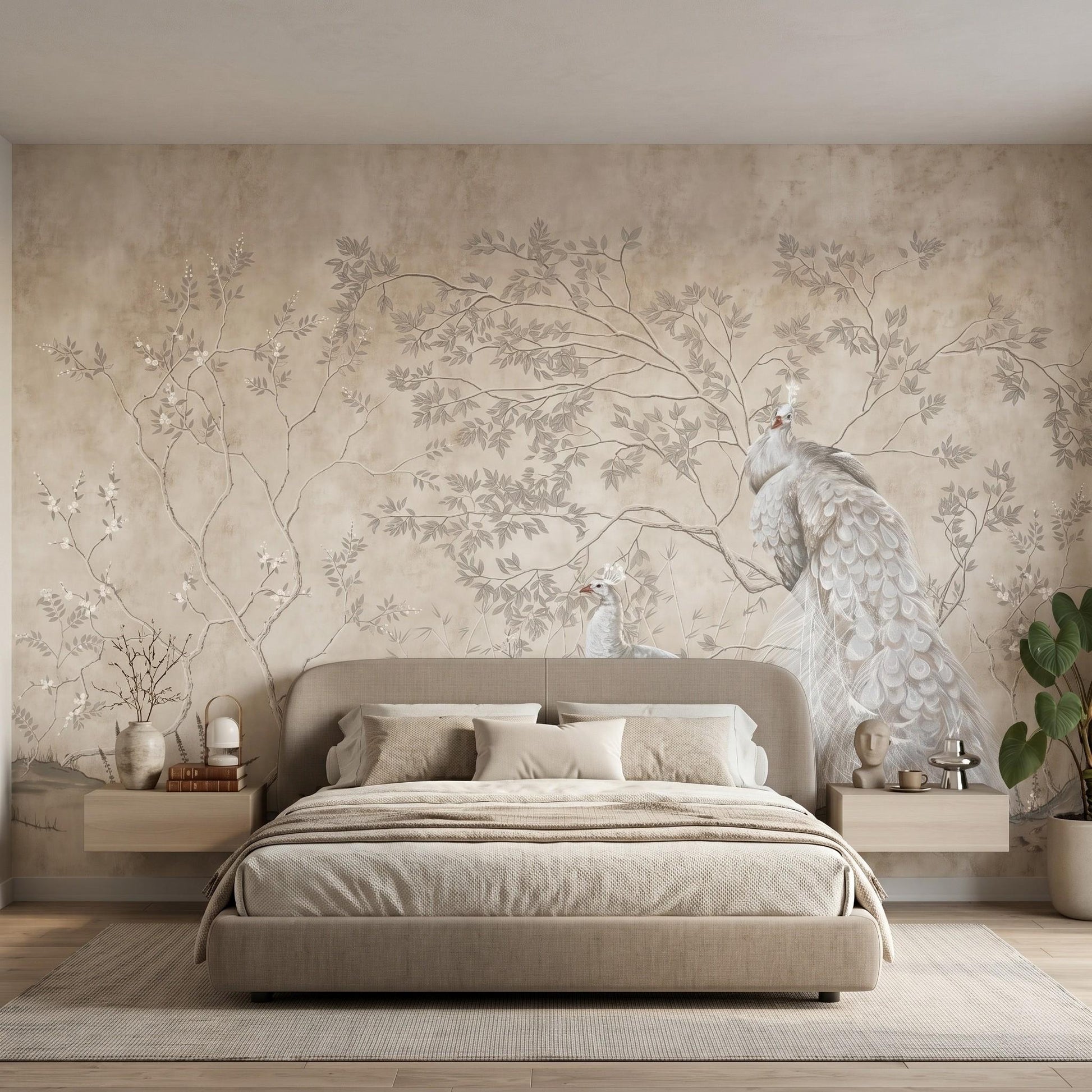 Beige Chinoiserie Peacock Mural, Floral Peel and Stick Wallpaper, Vintage French Country Decor-WP0037