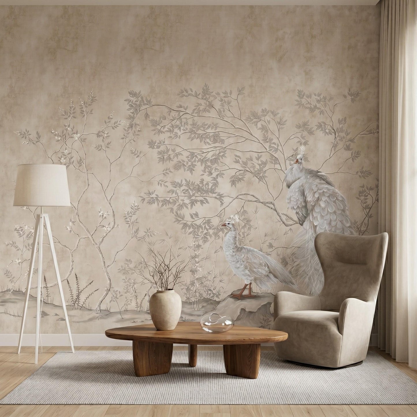 Beige Chinoiserie Peacock Mural, Floral Peel and Stick Wallpaper, Vintage French Country Decor-WP0037