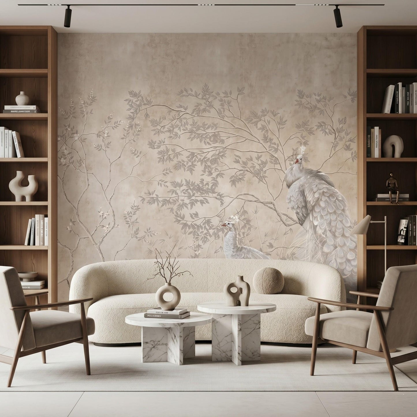 Beige Chinoiserie Peacock Mural, Floral Peel and Stick Wallpaper, Vintage French Country Decor-WP0037