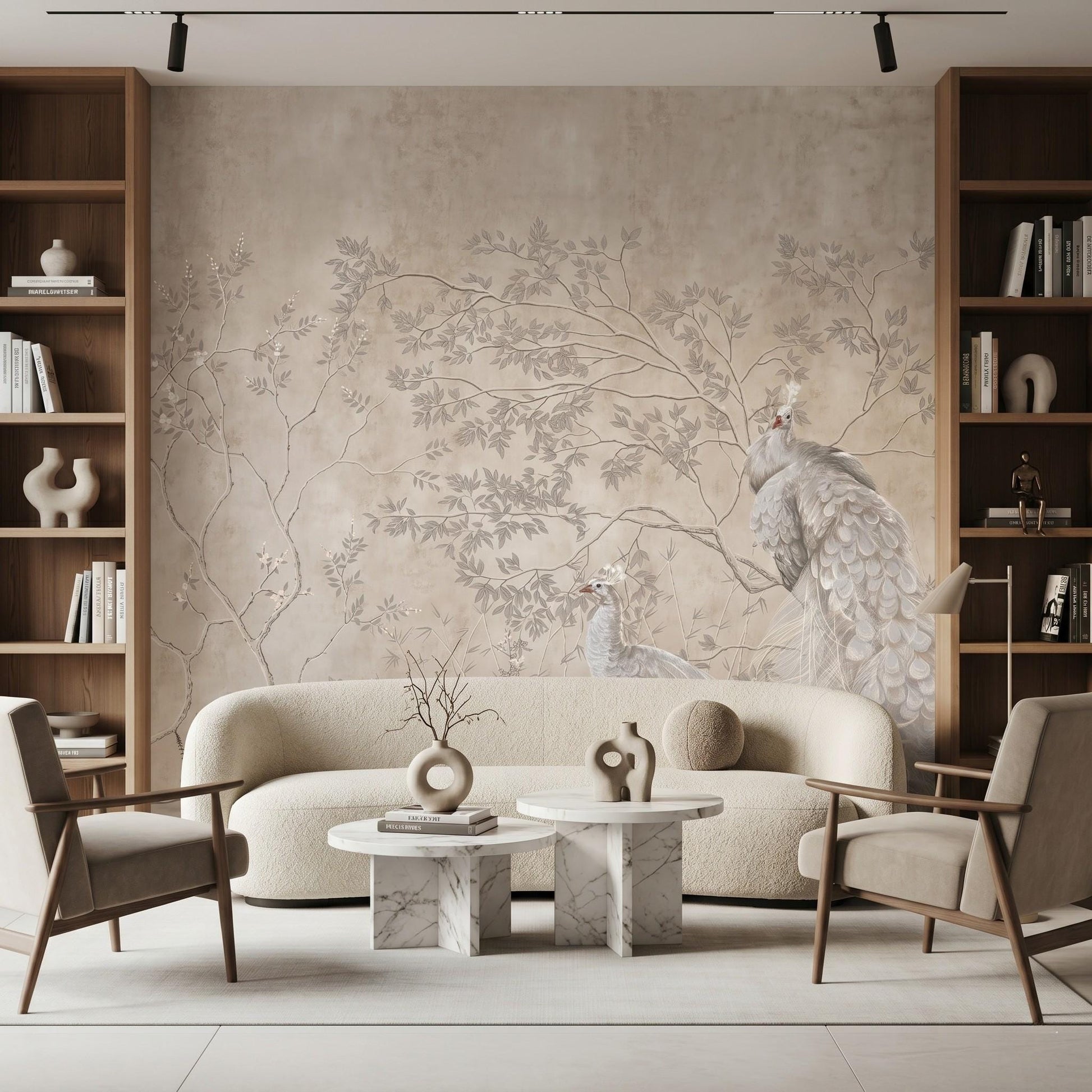 Beige Chinoiserie Peacock Mural, Floral Peel and Stick Wallpaper, Vintage French Country Decor-WP0037
