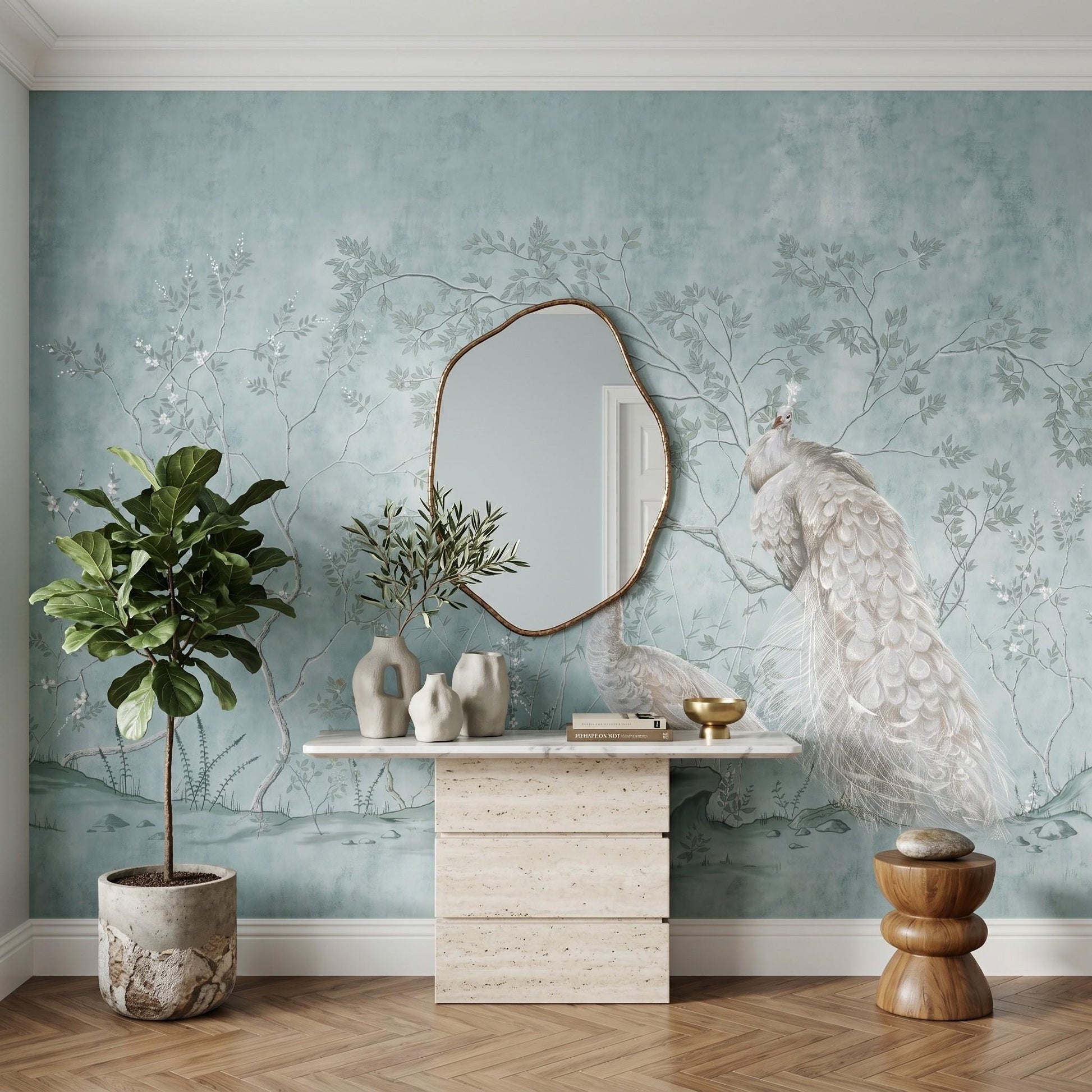 Pale Blue Chinoiserie Peacock Mural, White Bird Floral Wallpaper, Peel Stick Nursery Decor-WP0038