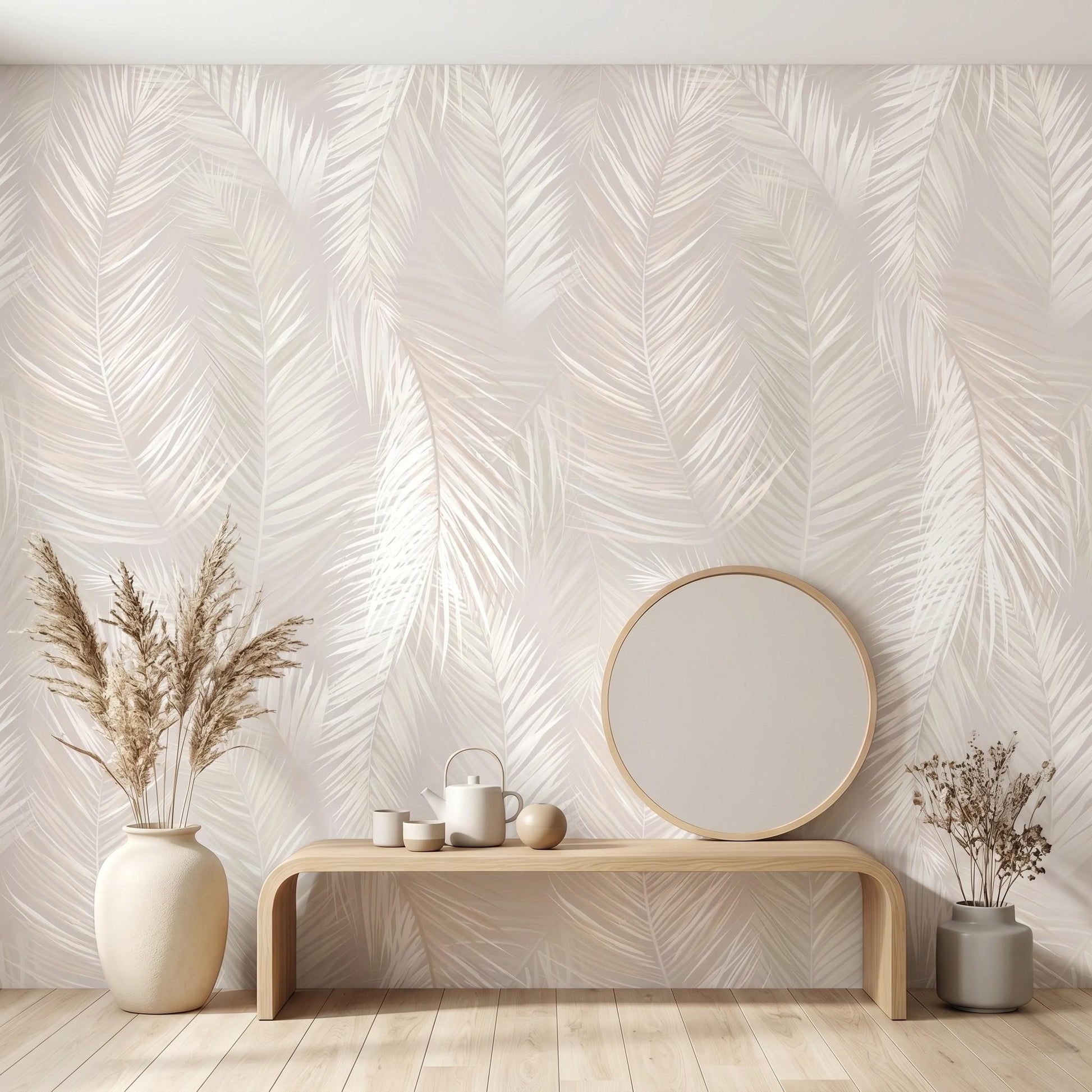 Beige Minimalist Coastal Palm Leaf Wallpaper Mural, Neutral Boho Botanical Wall Decor, Elegant Tropical Nursery Accent Wall-WP0025