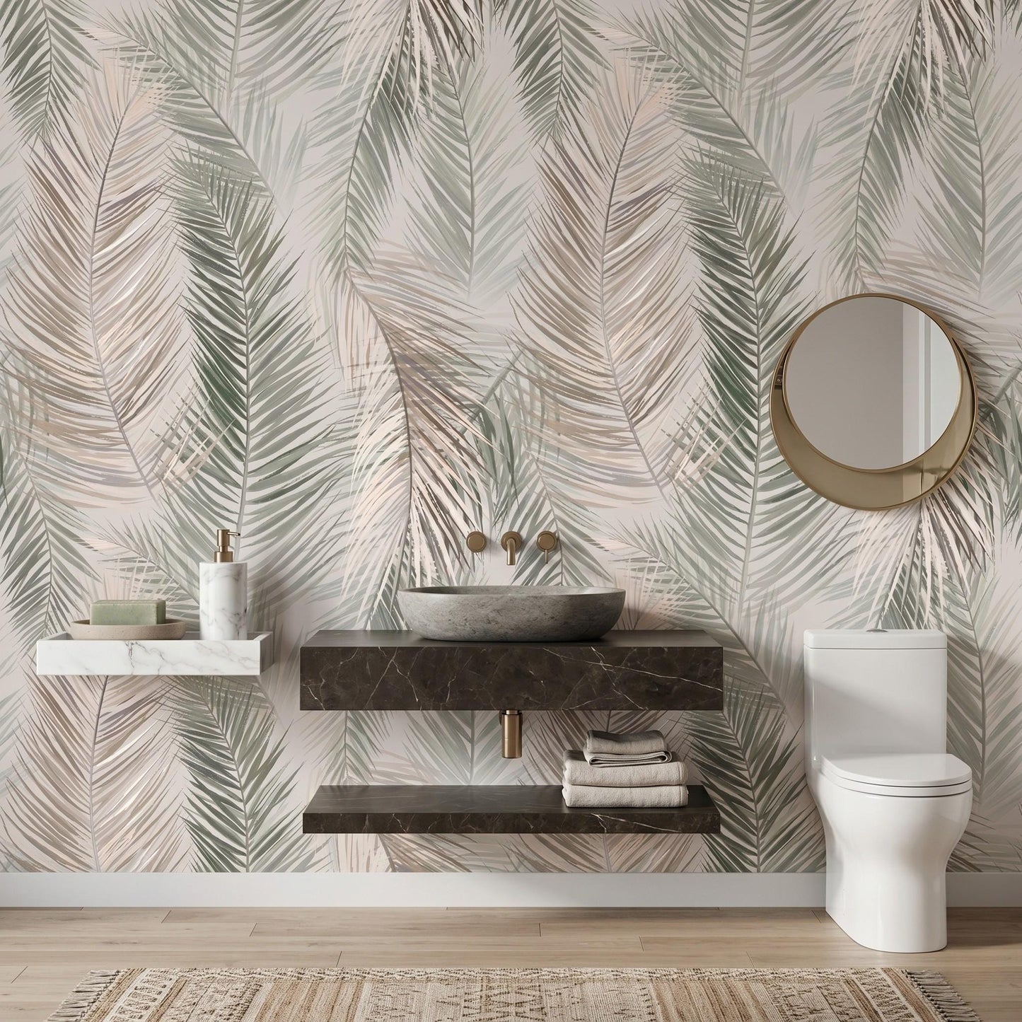Sage Green Palm Leaf Wall Mural, Boho Tropical Wallpaper, Neutral Botanical Peel and Stick, Coastal Bedroom Nursery Decor-WP0030