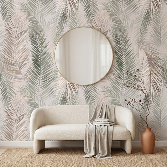 Sage Green Palm Leaf Wall Mural, Boho Tropical Wallpaper, Neutral Botanical Peel and Stick, Coastal Bedroom Nursery Decor-WP0030