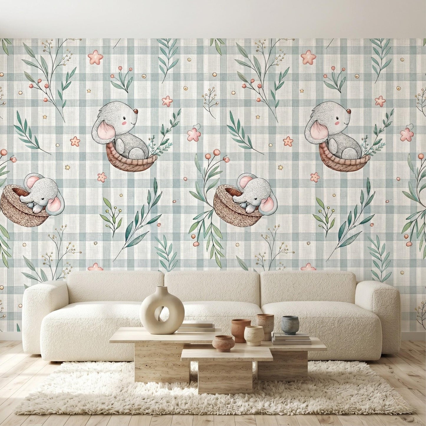 Sage Green Nursery Wallpaper, Elephant Gingham Wall Mural, Boho Baby Room Decor, Watercolor Animal Wallpaper, Neutral Nursery Art-WP0039