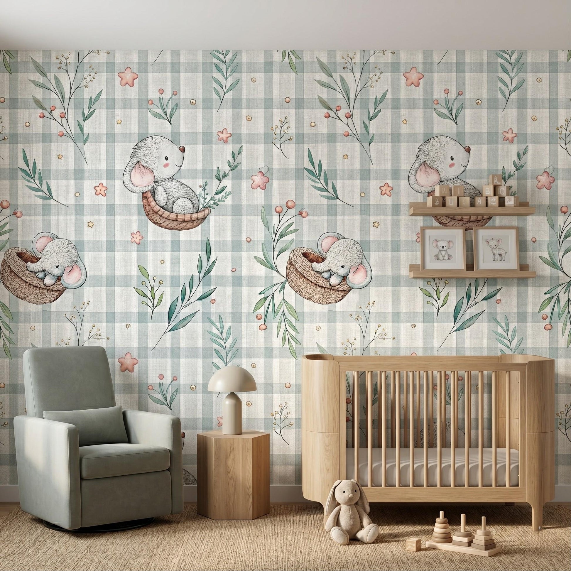 Sage Green Nursery Wallpaper, Elephant Gingham Wall Mural, Boho Baby Room Decor, Watercolor Animal Wallpaper, Neutral Nursery Art-WP0039