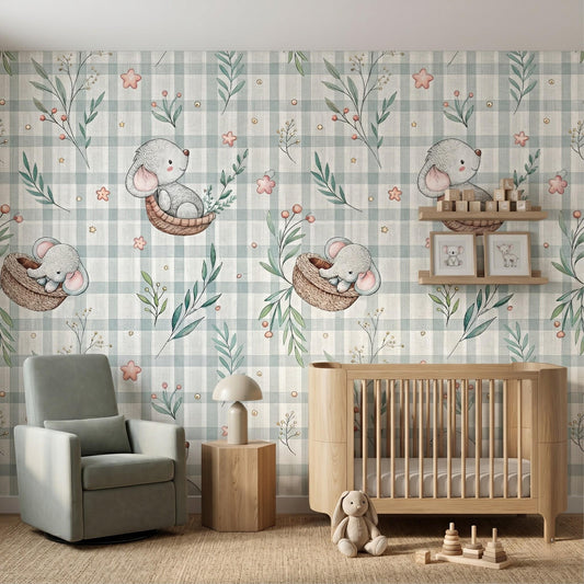 Sage Green Nursery Wallpaper, Elephant Gingham Wall Mural, Boho Baby Room Decor, Watercolor Animal Wallpaper, Neutral Nursery Art-WP0039