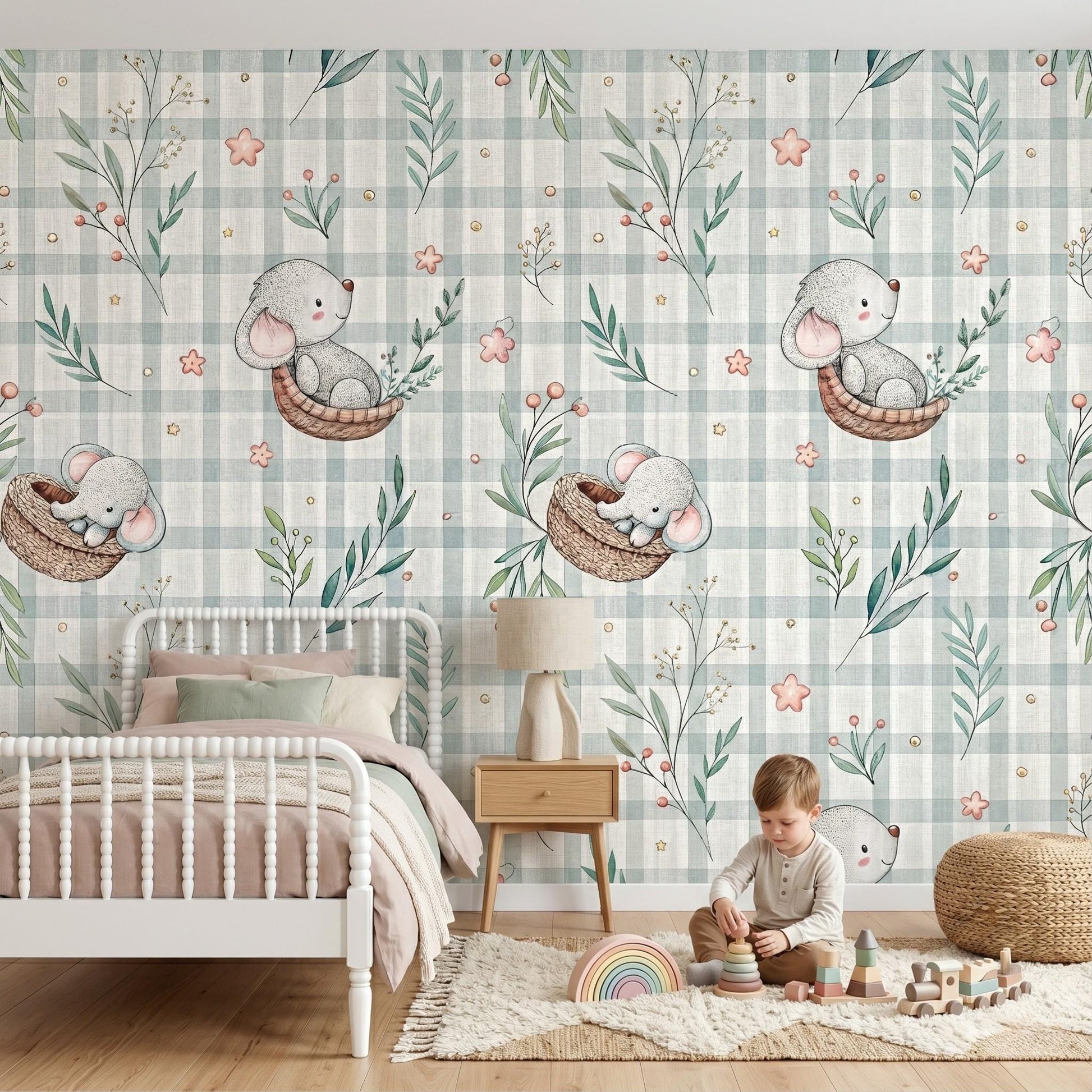 Sage Green Nursery Wallpaper, Elephant Gingham Wall Mural, Boho Baby Room Decor, Watercolor Animal Wallpaper, Neutral Nursery Art-WP0039