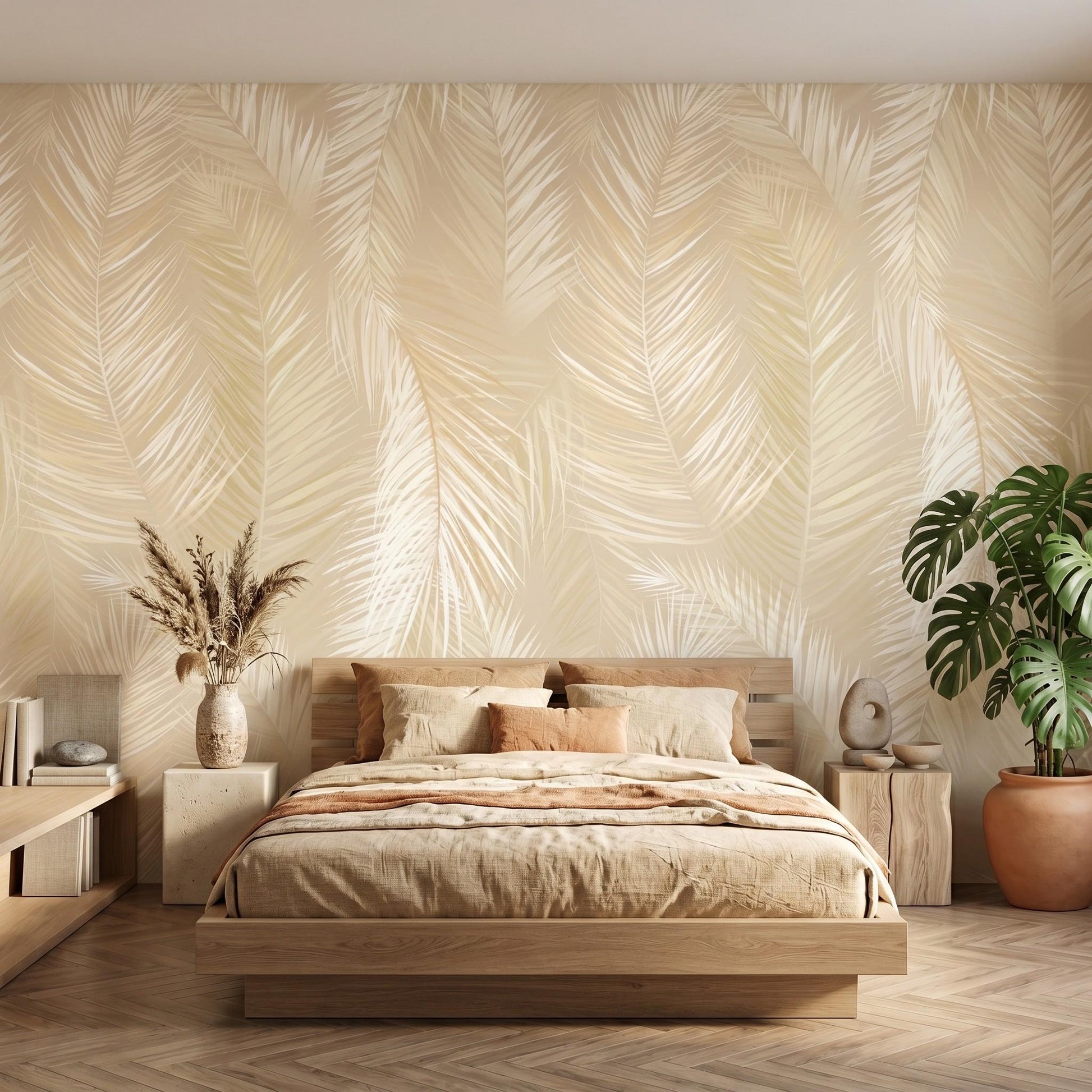 Beige Neutral Boho Tropical Palm Leaf Wallpaper, Modern Minimalist Wall Decor, Earthy Botanical Peel and Stick Paper-WP0040