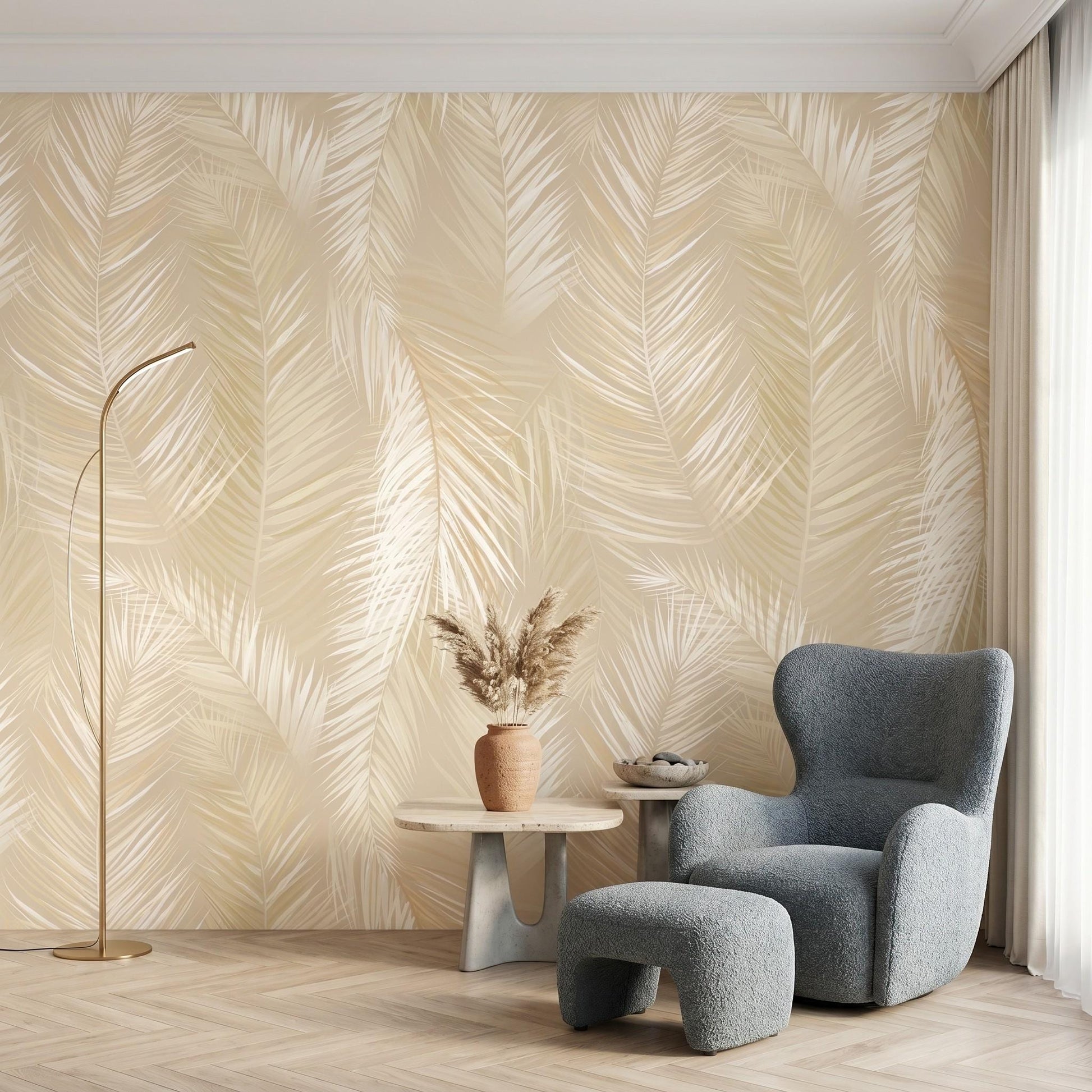 Beige Neutral Boho Tropical Palm Leaf Wallpaper, Modern Minimalist Wall Decor, Earthy Botanical Peel and Stick Paper-WP0040