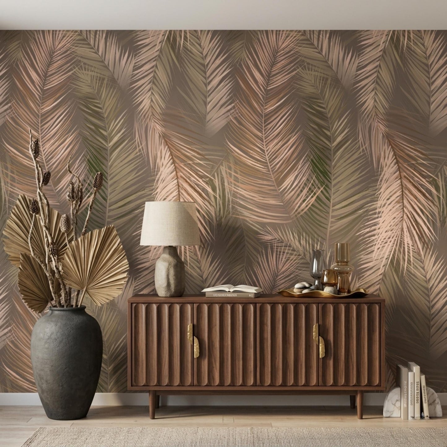 Dusty Rose Boho Palm Leaf Wallpaper, Earthy Tropical Wall Decor, Minimalist Bohemian Room Accent, Nature Inspired Home Mural-WP0041
