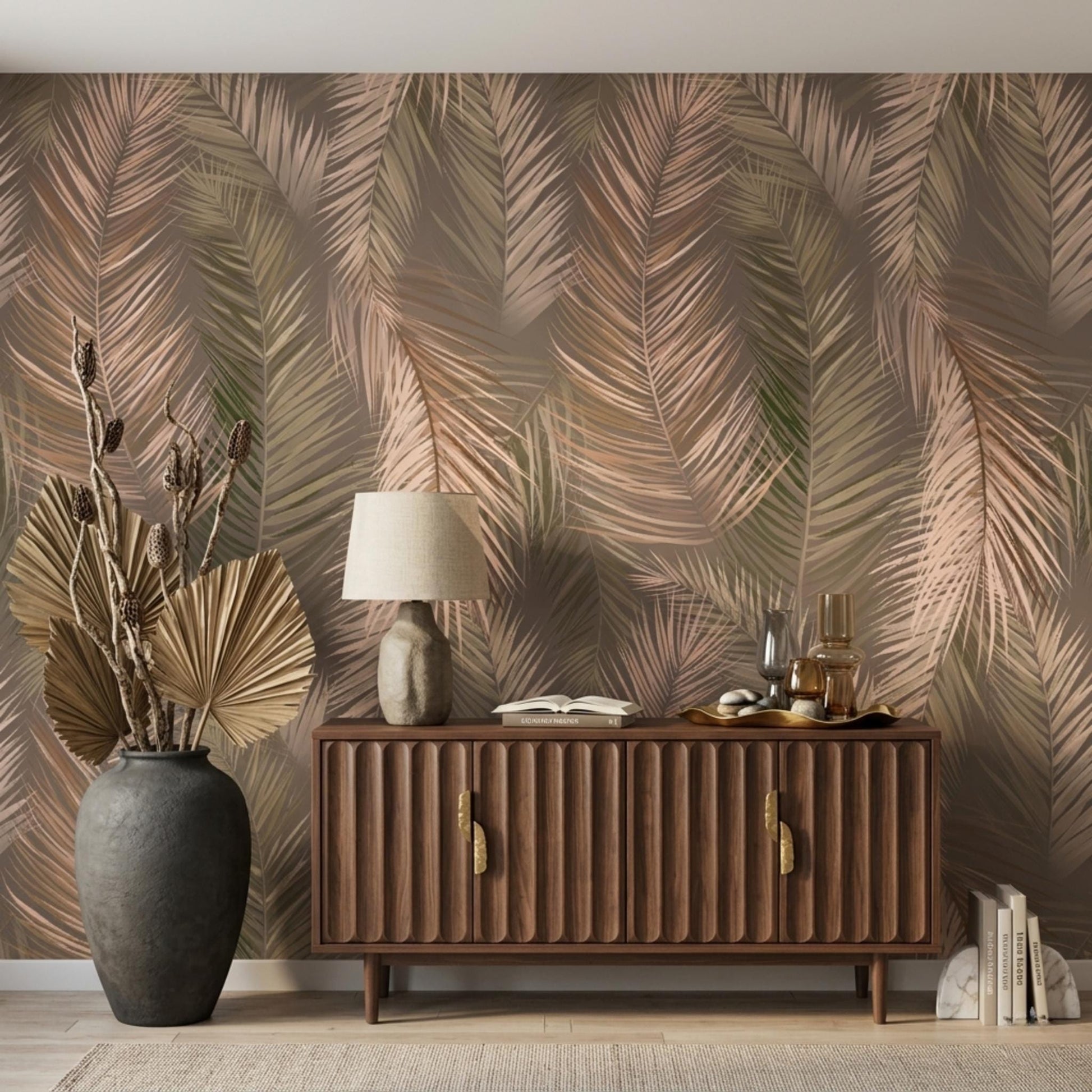 Dusty Rose Boho Palm Leaf Wallpaper, Earthy Tropical Wall Decor, Minimalist Bohemian Room Accent, Nature Inspired Home Mural-WP0041