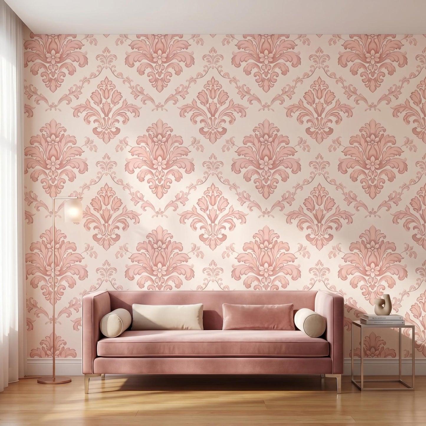 Pink Damask Wallpaper | Victorian Floral French Country Nursery Wall Decor (Peel and Stick)-WP0018