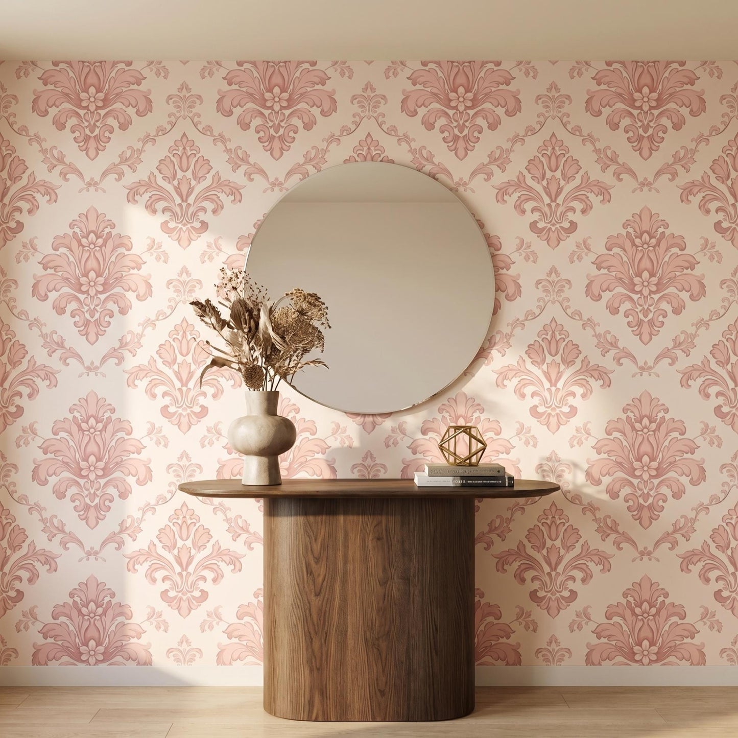 Pink Damask Wallpaper | Victorian Floral French Country Nursery Wall Decor (Peel and Stick)-WP0018