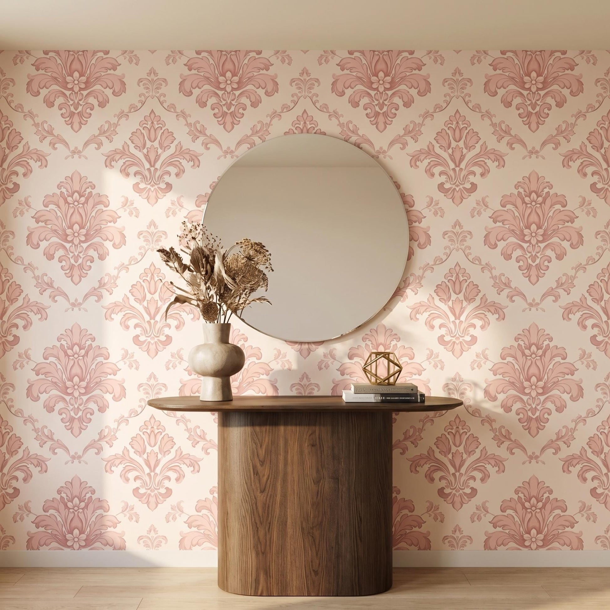 Pink Damask Wallpaper | Victorian Floral French Country Nursery Wall Decor (Peel and Stick)-WP0018