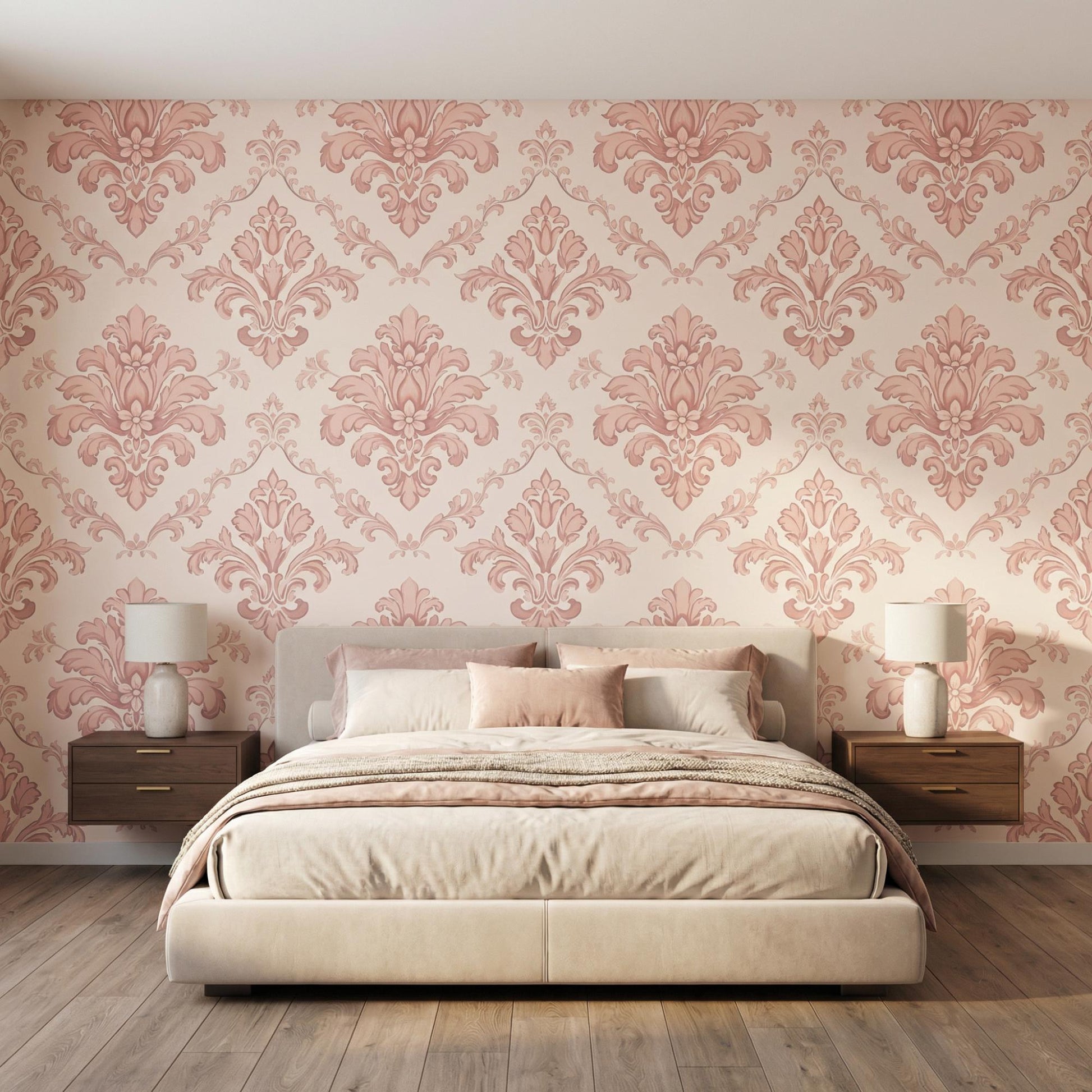 Pink Damask Wallpaper | Victorian Floral French Country Nursery Wall Decor (Peel and Stick)-WP0018