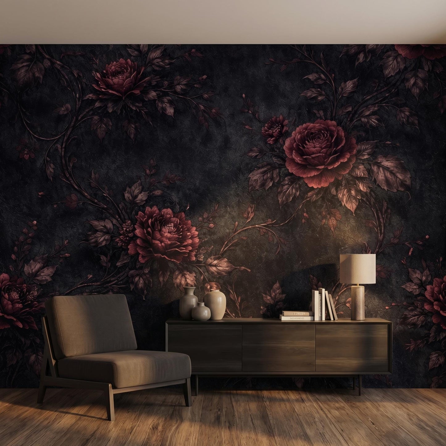 Dark Floral Wallpaper – Gothic Victorian Rose Mural, Dark Academia Removable Wall Art-WP0044