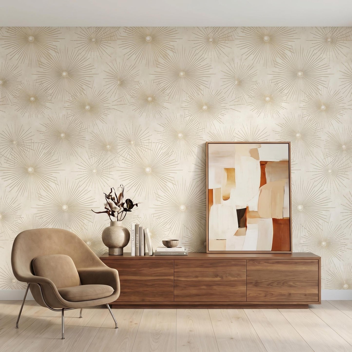 Mid Century Modern Sunburst Wallpaper, Neutral Beige Gold Peel Stick Wall Mural-WP0017
