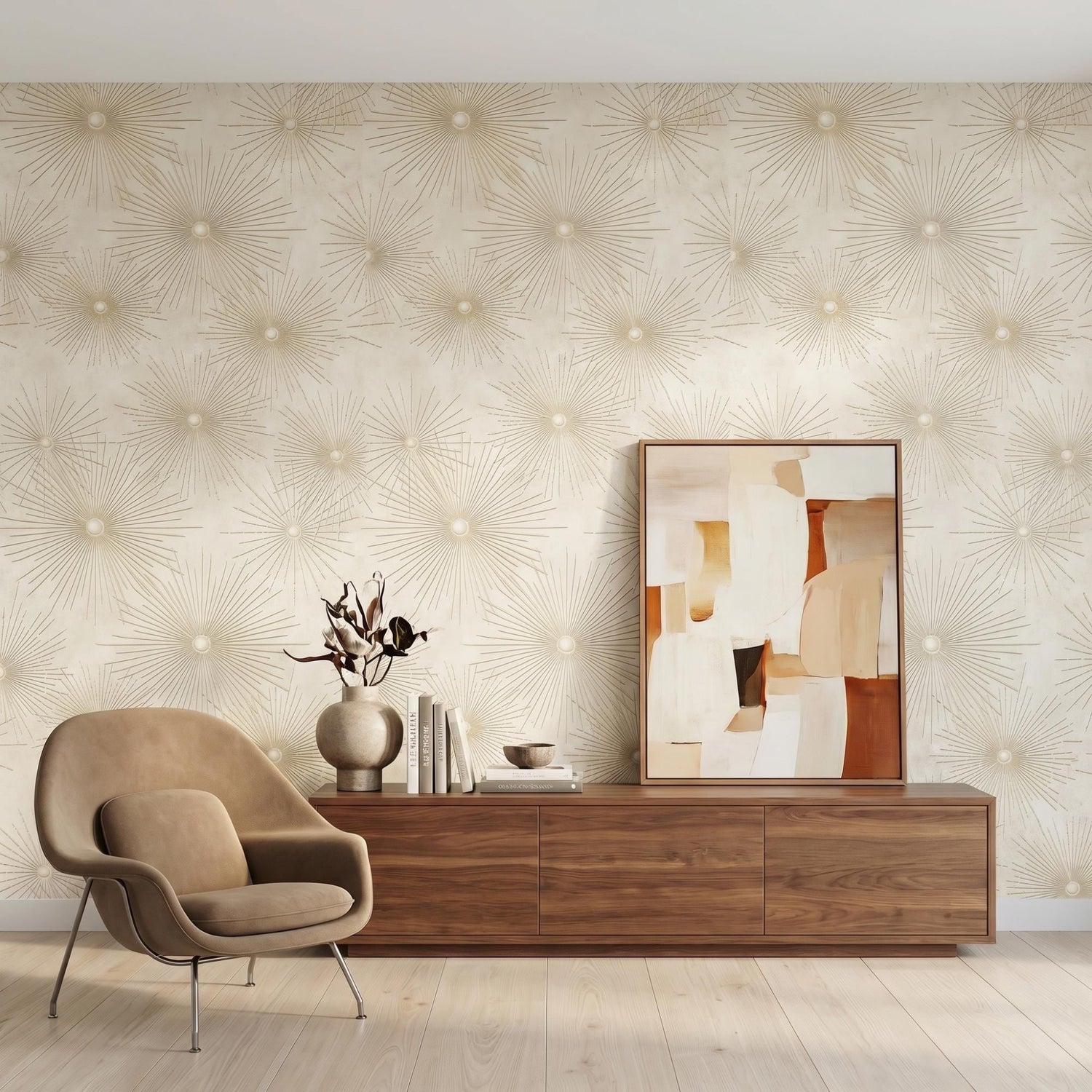 Mid Century Modern Sunburst Wallpaper, Neutral Beige Gold Peel Stick Wall Mural-WP0017