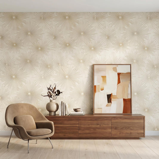 Mid Century Modern Sunburst Wallpaper, Neutral Beige Gold Peel Stick Wall Mural-WP0017