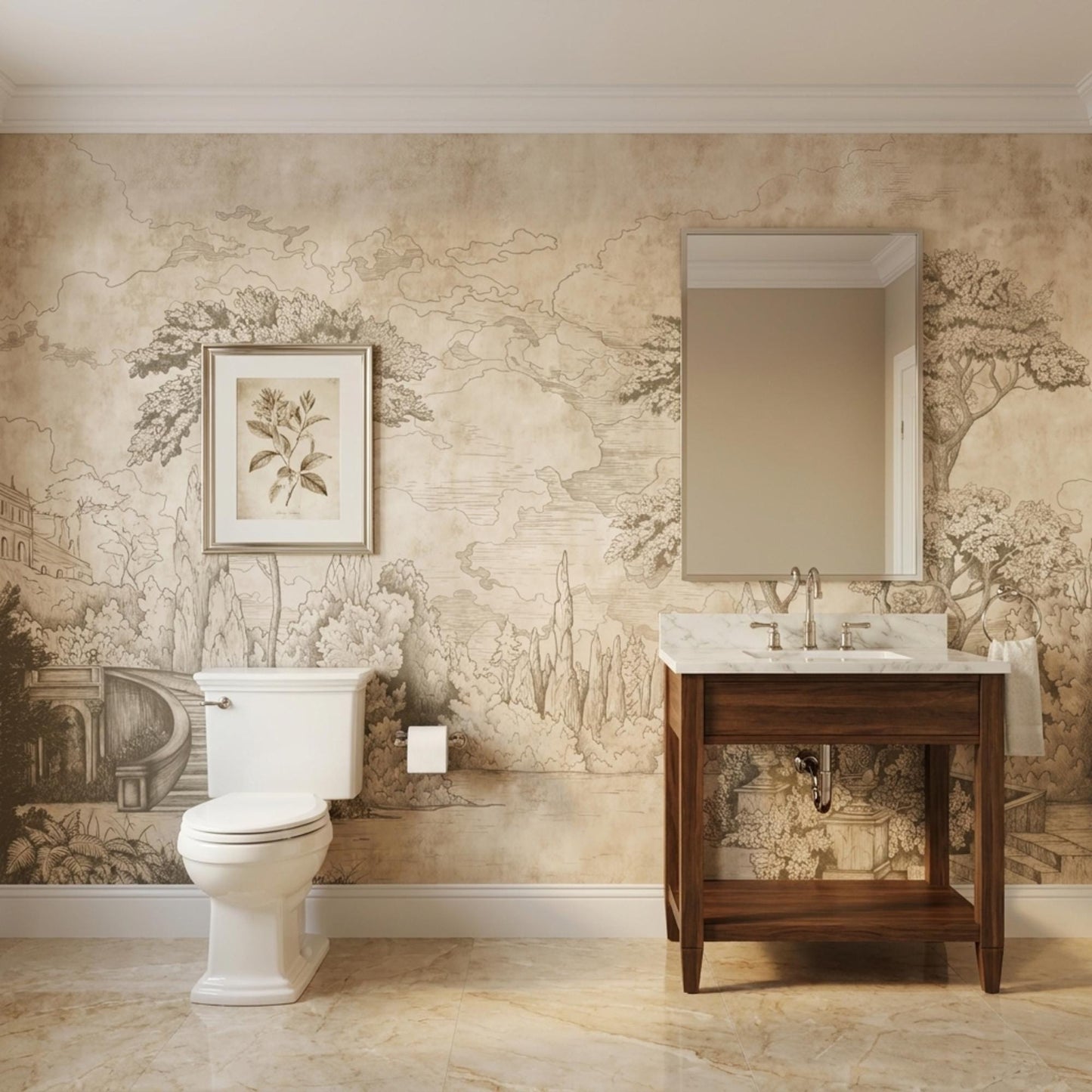 Vintage Sketch Landscape Mural, Antique Nature Wall Art, Neutral Toile Decor-WP0014