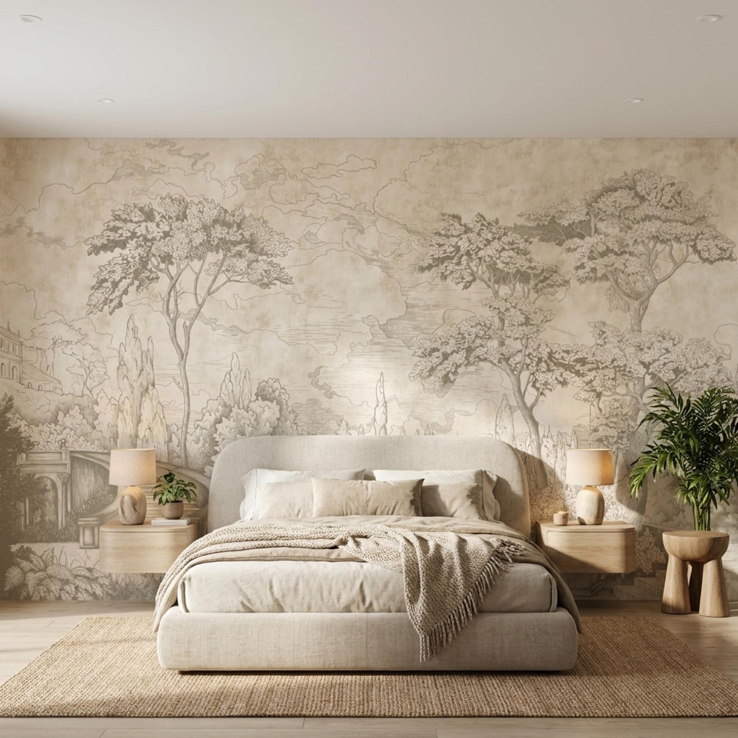 Vintage Sketch Landscape Mural, Antique Nature Wall Art, Neutral Toile Decor-WP0014