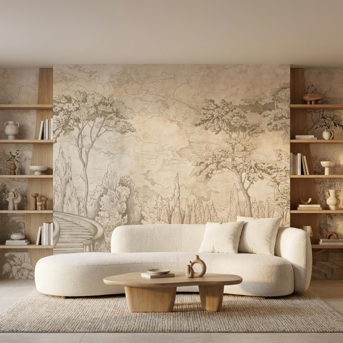 Vintage Sketch Landscape Mural, Antique Nature Wall Art, Neutral Toile Decor-WP0014