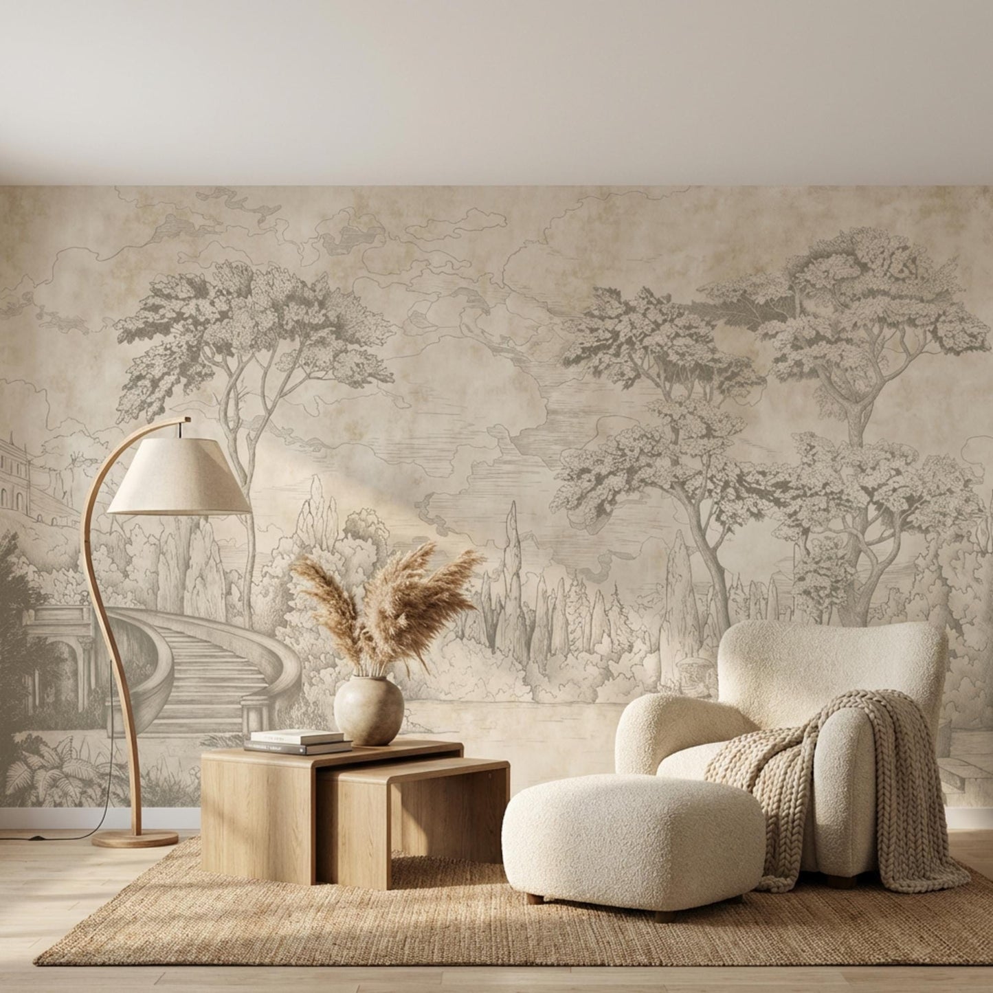 Vintage Sketch Landscape Mural, Antique Nature Wall Art, Neutral Toile Decor-WP0014