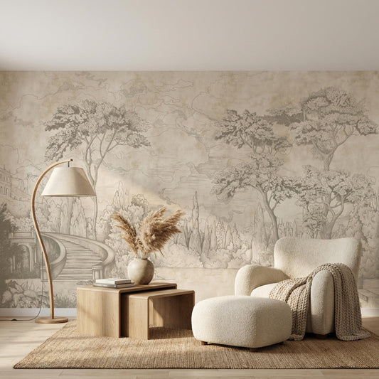 Vintage Sketch Landscape Mural, Antique Nature Wall Art, Neutral Toile Decor-WP0014