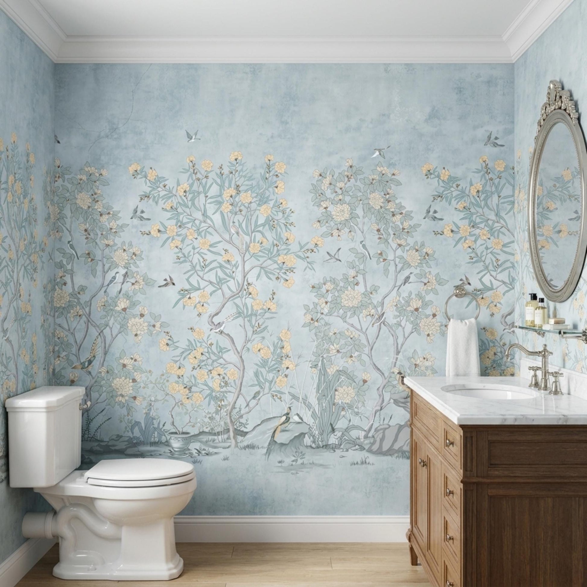 Dusty Blue Chinoiserie Wallpaper, Floral Bird Mural, Botanical Decor (Peel and Stick)-WP0016