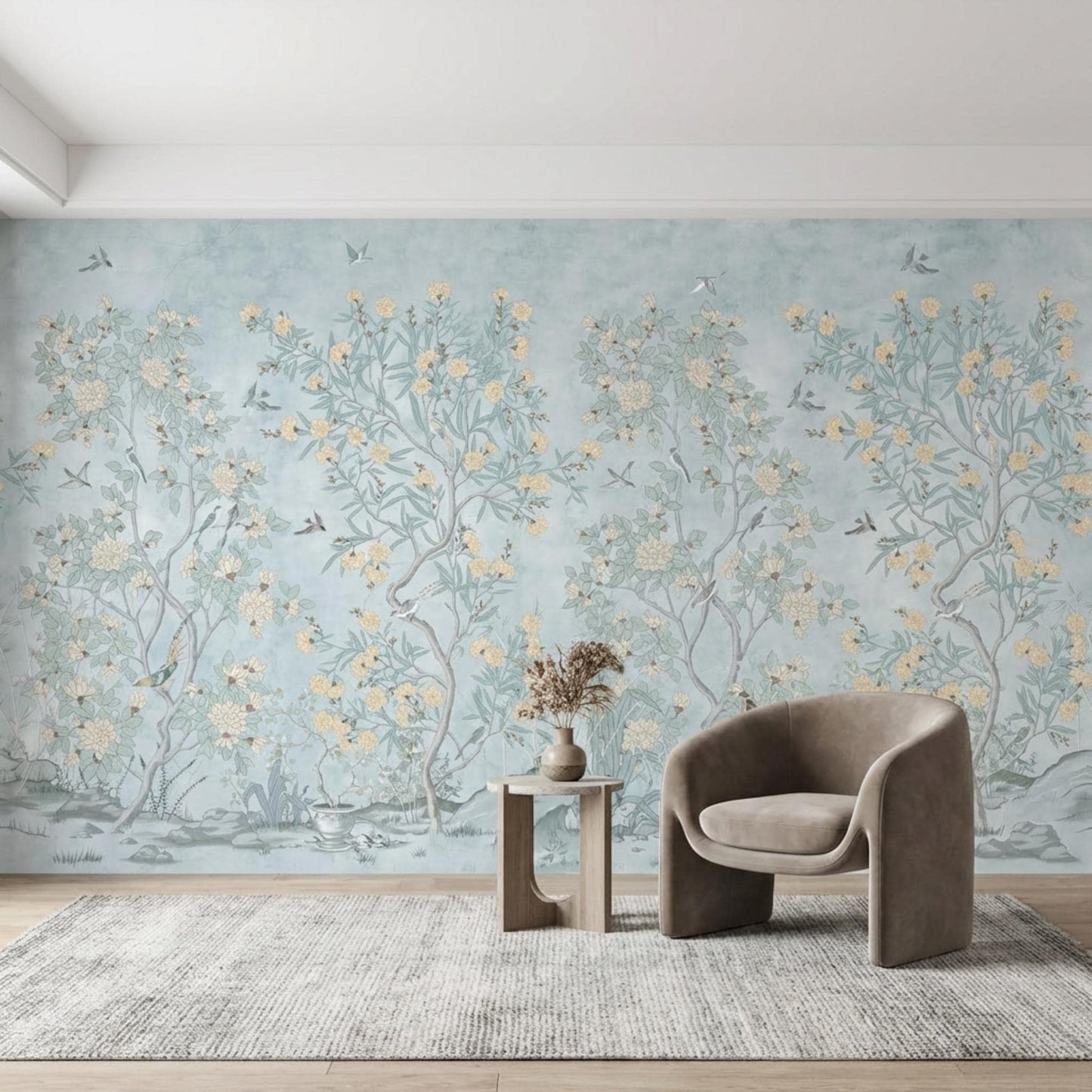 Dusty Blue Chinoiserie Wallpaper, Floral Bird Mural, Botanical Decor (Peel and Stick)-WP0016