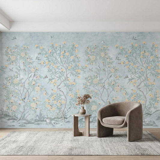 Dusty Blue Chinoiserie Wallpaper, Floral Bird Mural, Botanical Decor (Peel and Stick)-WP0016
