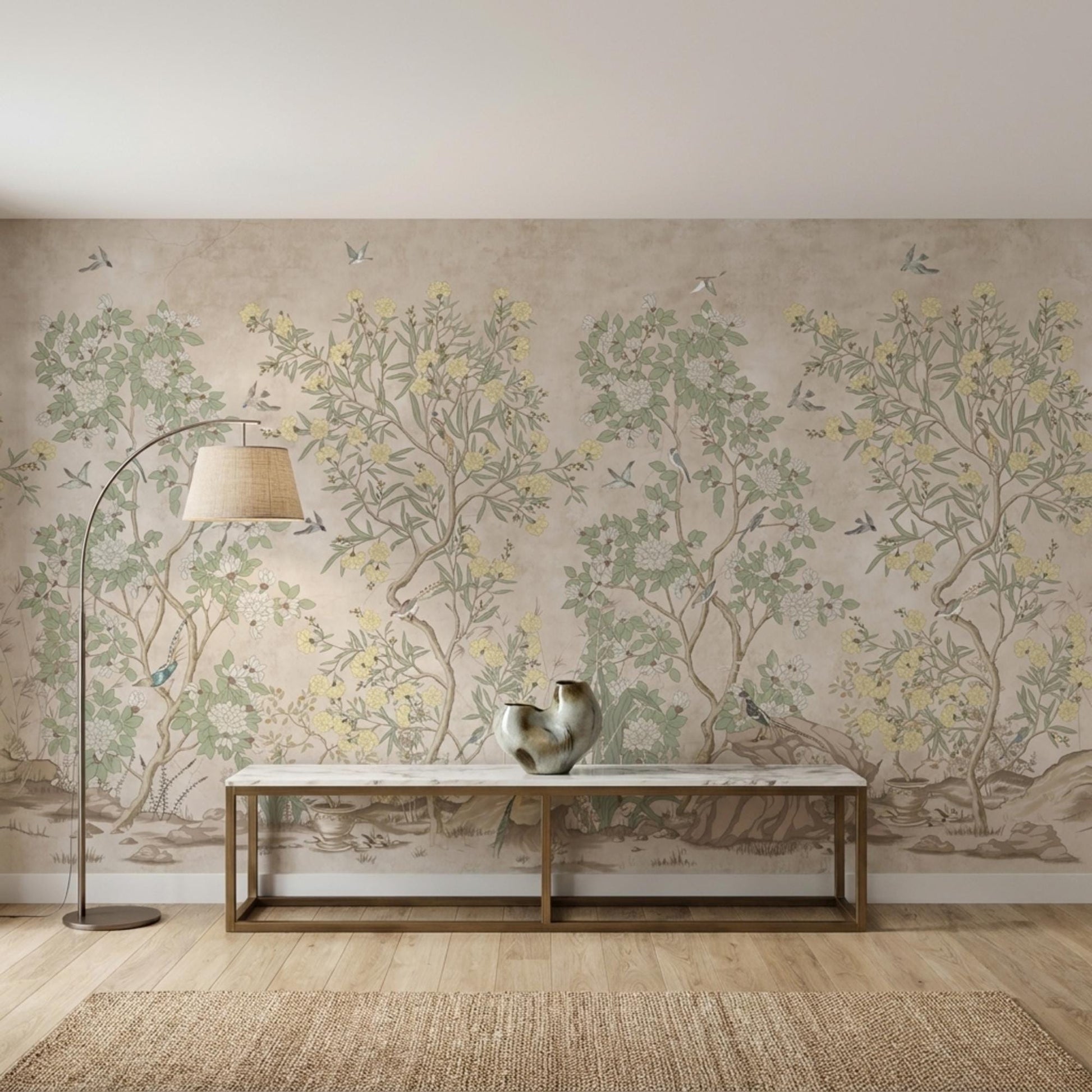 Sage Green Chinoiserie Botanical Wallpaper Mural, Vintage Nature Wall Decor-WP0011