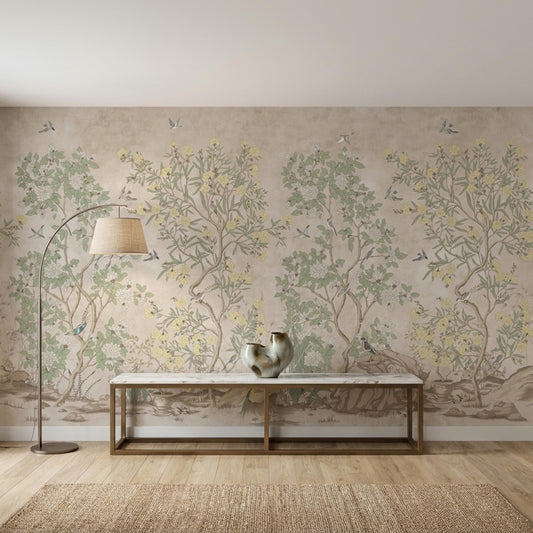 Sage Green Chinoiserie Botanical Wallpaper Mural, Vintage Nature Wall Decor-WP0011