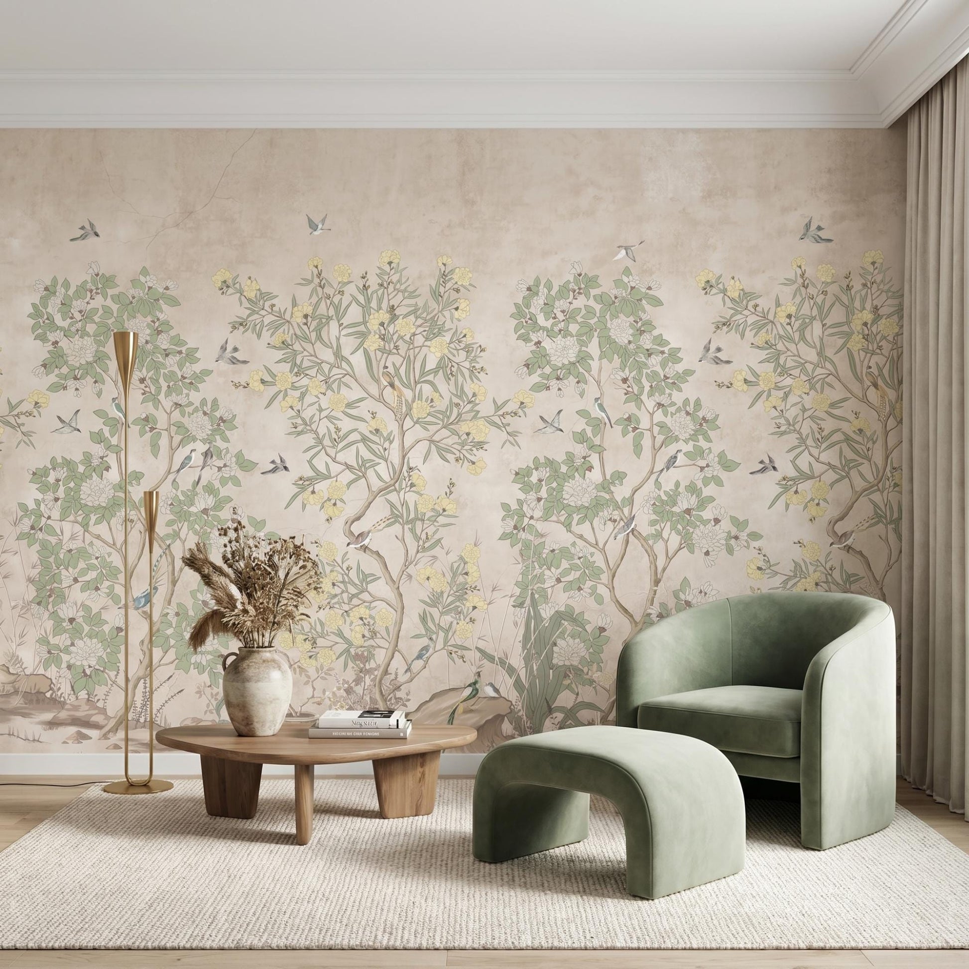 Sage Green Chinoiserie Botanical Wallpaper Mural, Vintage Nature Wall Decor-WP0011